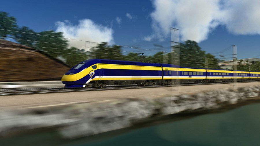 An artist's rendition of the planned bullet train is seen in this image from the California High-Speed Rail Authority.