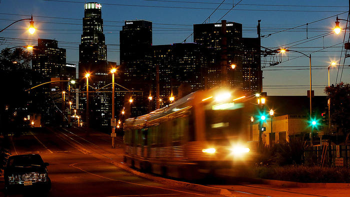 A Metro Gold Line train is shown east of downtown Los Angeles in 2014. (Credit: Luis Sinco / Los Angeles Times)