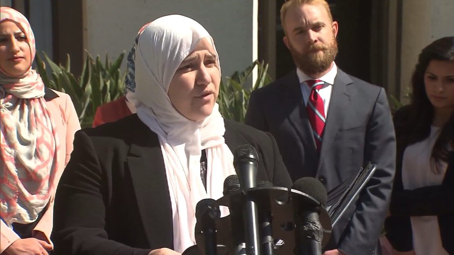 Soondus Ahmed, one of a group of women who filed a lawsuit against Urth Caffe after being ejected from the Laguna Beach location, speaks about the suit on May 3, 2016. (Credit: KTLA)