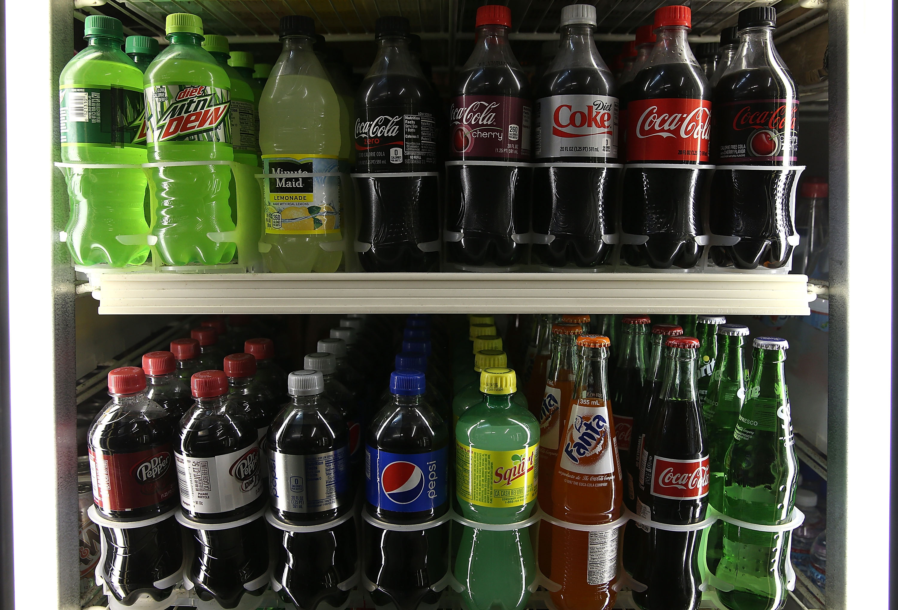 Bottles of soda are displayed in a cooler at a convenience store on June 10, 2015, in San Francisco, California. (Credit: Justin Sullivan/Getty Images)