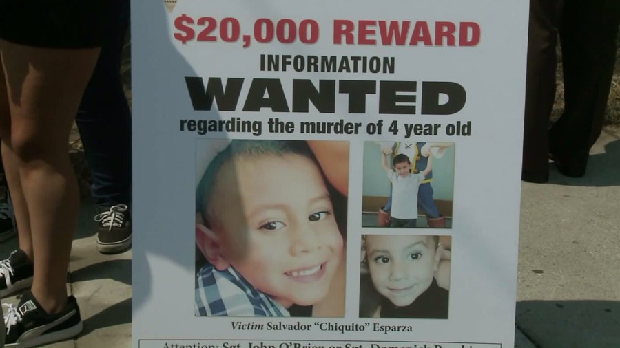 A poster is displayed Aug. 25, 2016, at a news conference where authorities asked for help in the July 5, shooting of 4-year-old Salvador Esparza. (Credit: KTLA)