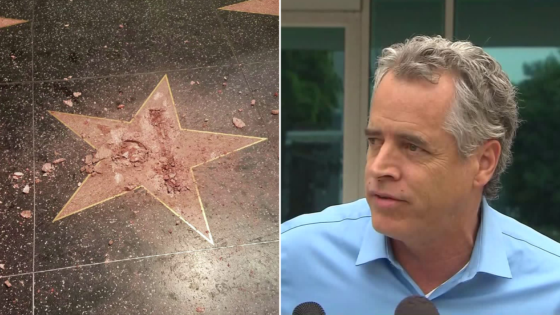 Donald Trump's Walk of Fame star is shown after it was vandalized on Oct. 26, 2016. Alleged vandal James Otis speaks after being released from jail the following day. (Jamie Moreno, left; KTLA, right)