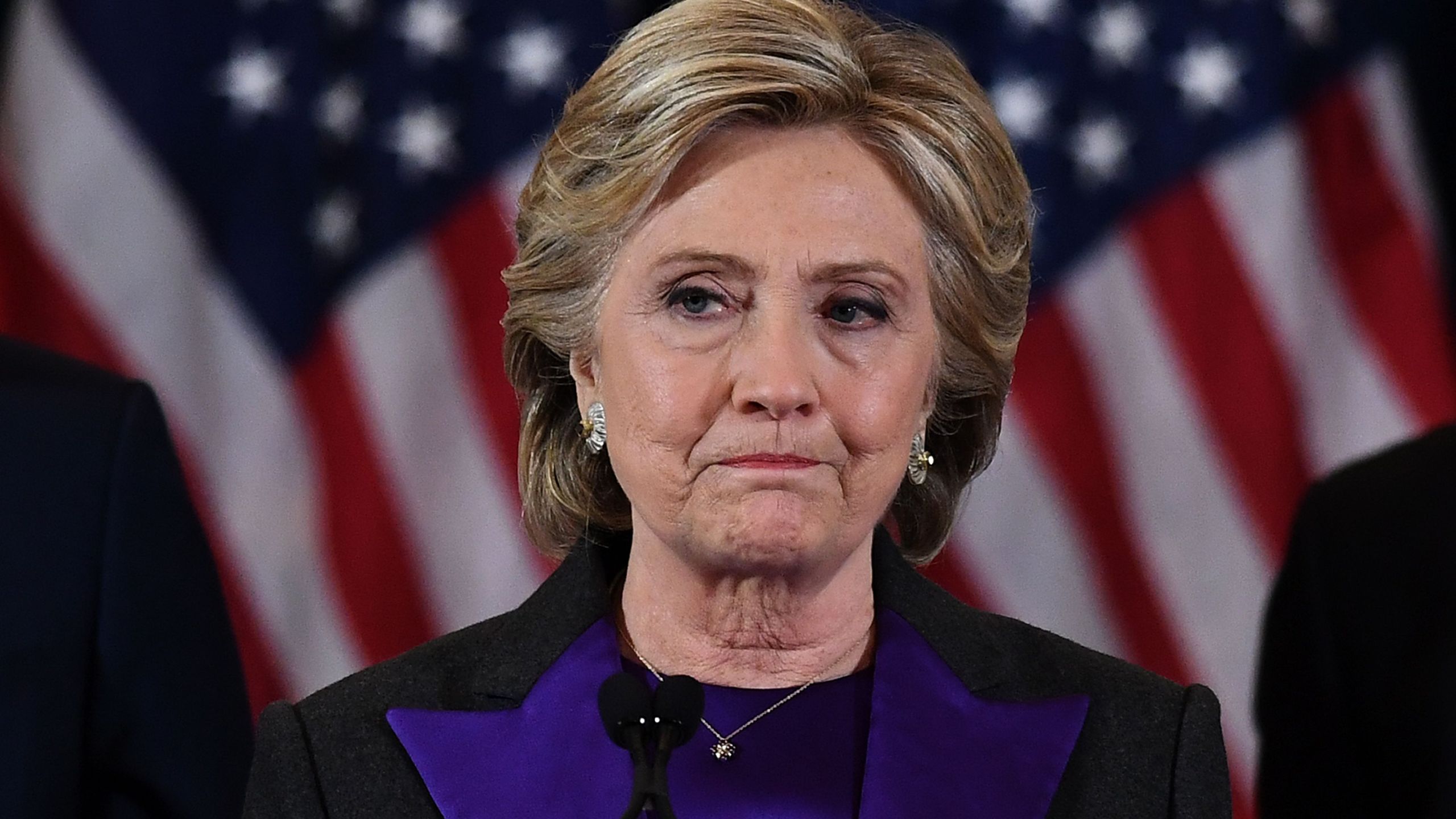 U.S. Democratic presidential candidate Hillary Clinton makes a concession speech after being defeated by Republican president-elect Donald Trump in New York on Nov. 9, 2016. (Credit: Jewel Samad/AFP/Getty Images)