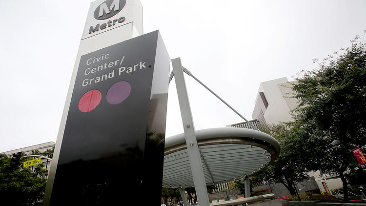 The entrance to the Red Line station in Grand Park on Dec. 23, 2016. (Credit: Luis Sinco / Los Angeles Times)