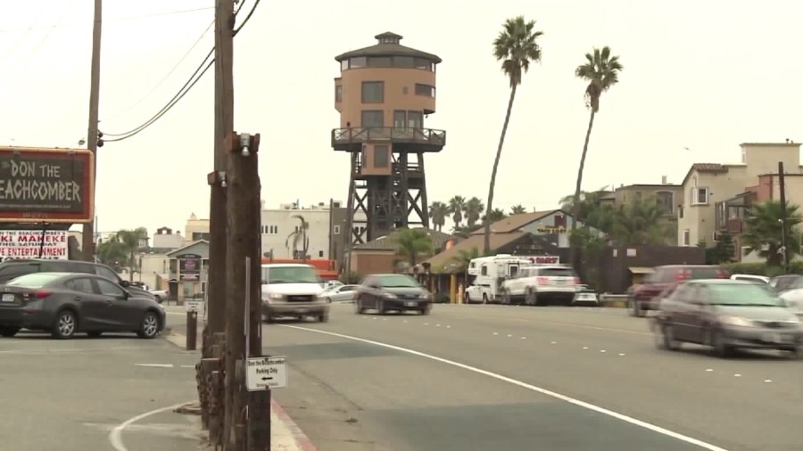 The iconic water tower house in Sunset Beach is seen in December 2016. (KTLA)