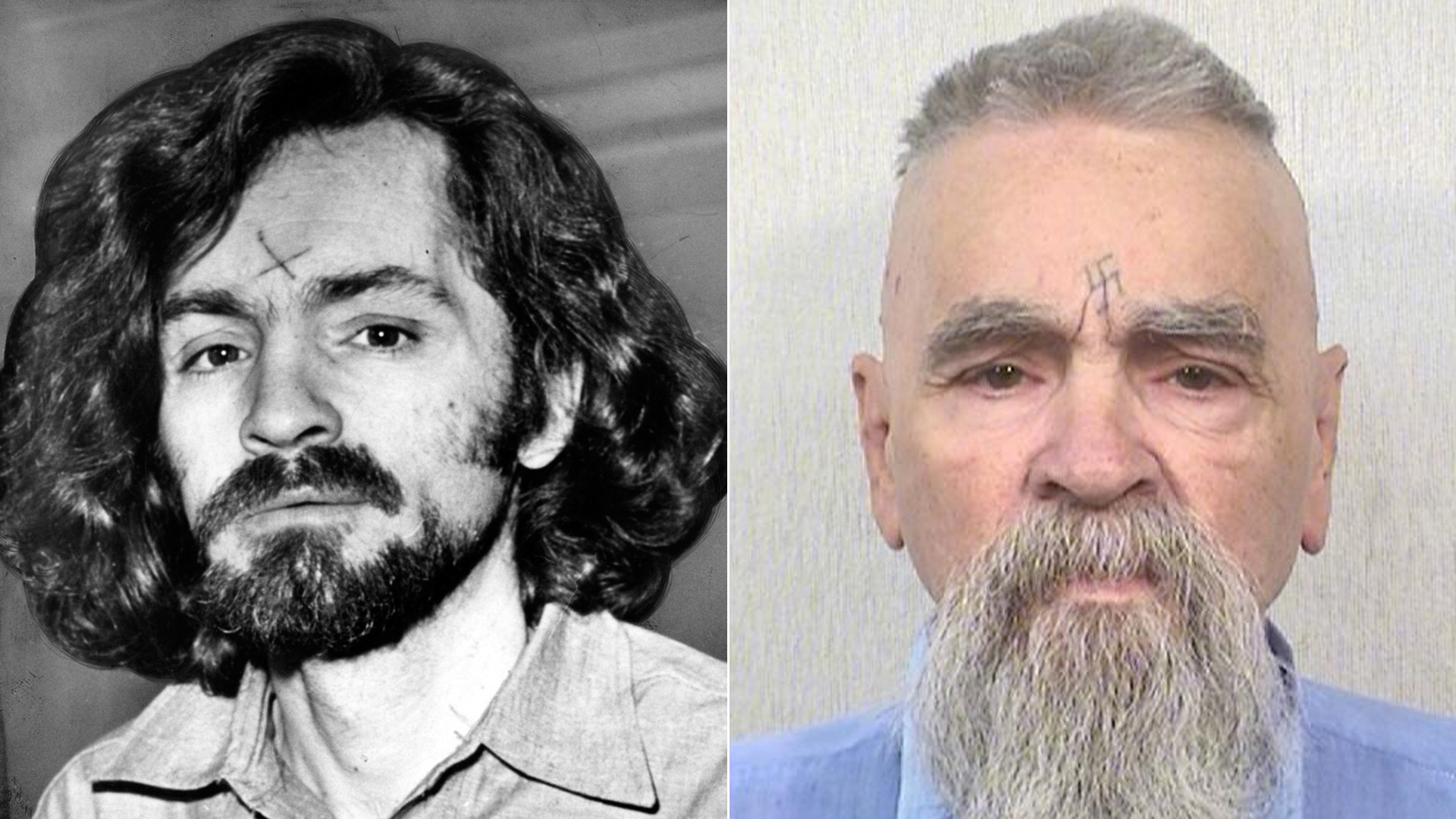 Charles Manson is seen en route to a Los Angeles courtroom in December 1970, left. Right, his state prison system inmate photo shows him on Oct. 8, 2014. (Credit: left, John Malmin / Los Angeles Times; right, California Department of Corrections and Rehabilitation)