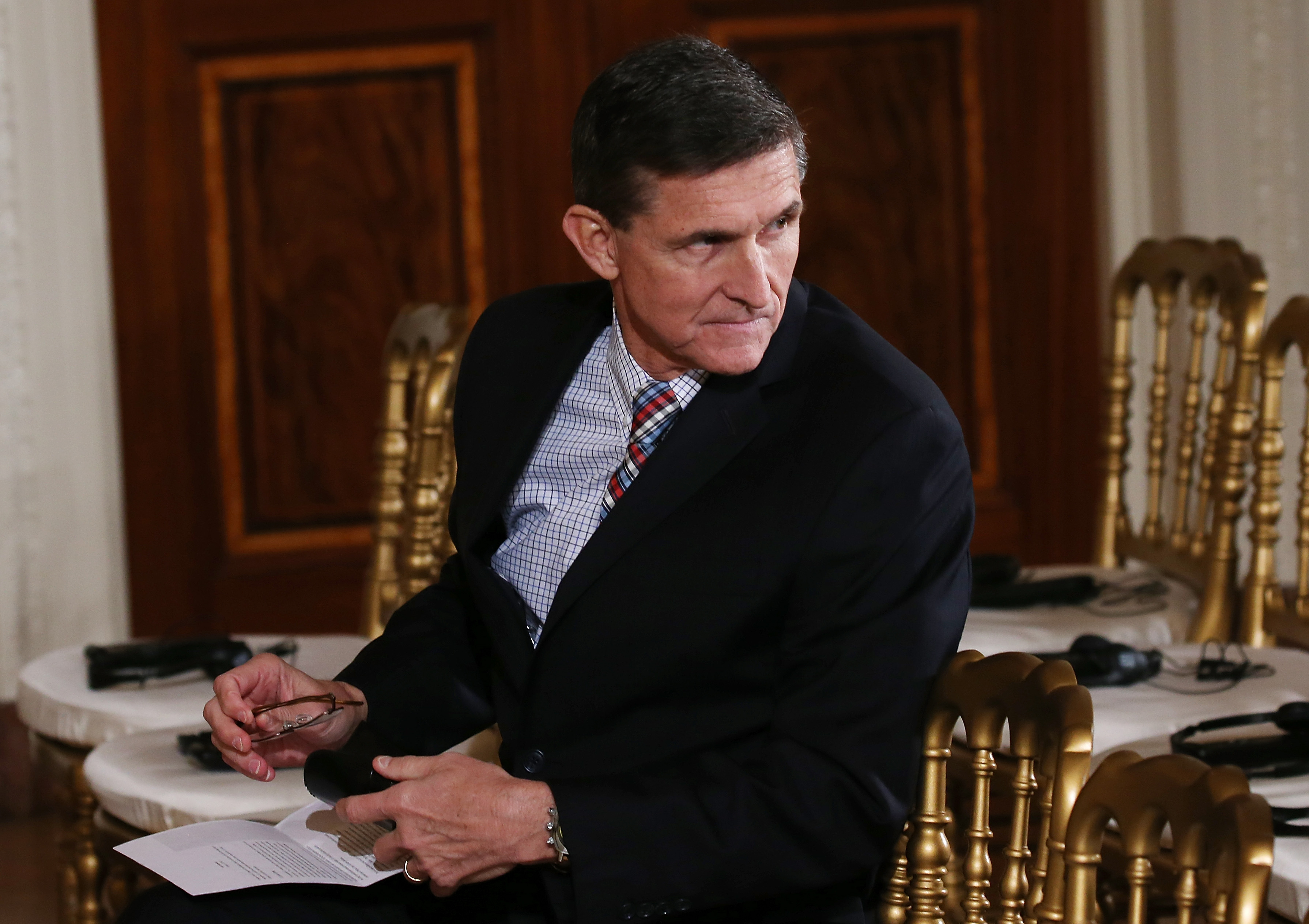 National Security Adviser Michael Flynn sits before U.S. President Donald Trump and Japanese Prime Minister Shinzo Abe hold a joint press conference at the White House on Feb. 10, 2017, in Washington, DC. (Credit: Mario Tama / Getty Images)