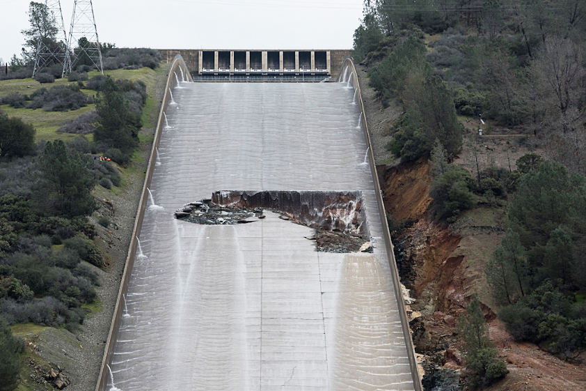 An eroded section of the Oroville Dam spillway is seen in this image provided by the California Department of Water