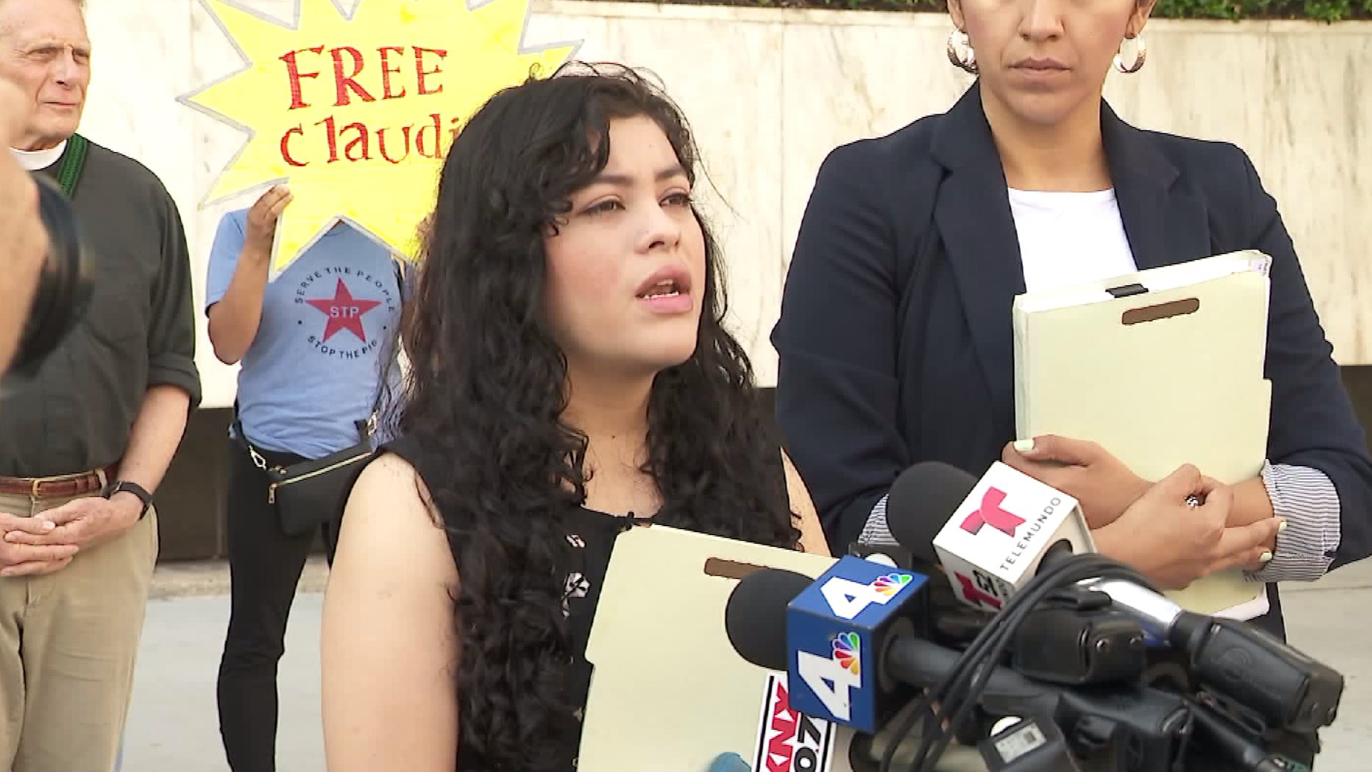 Claudia Rueda speaks in downtown L.A. about her attorney’s of her application for DACA on June 19, 2017. (Credit: KTLA)