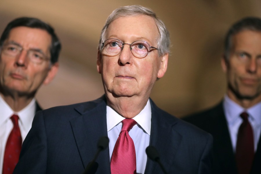 Senate Majority Leader Mitch McConnell (R-KY) (C) talks to reporters with Sen. John Barrosso (R-WY) (L) and Sen. John Thune (R-SD) following their party's weekly policy luncheon at the U.S. Capitol May 16, 2017 in Washington, DC. (Credit: Chip Somodevilla/Getty Images)