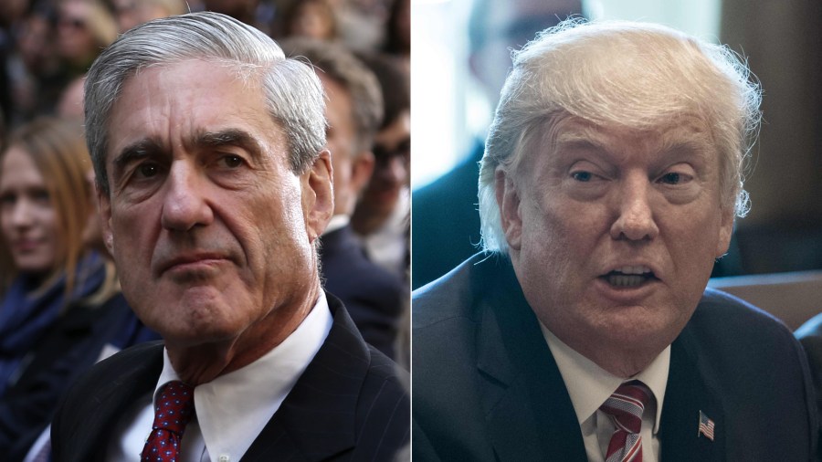 Former FBI director Robert Mueller attends the ceremonial swearing-in of FBI Director James Comey on Oct. 28, 2013, left. President Donald Trump speaks during a cabinet meeting at the White House on June 12, 2017 (Credit: Alex Wong/Getty Images; right, NICHOLAS KAMM/AFP/Getty Images)