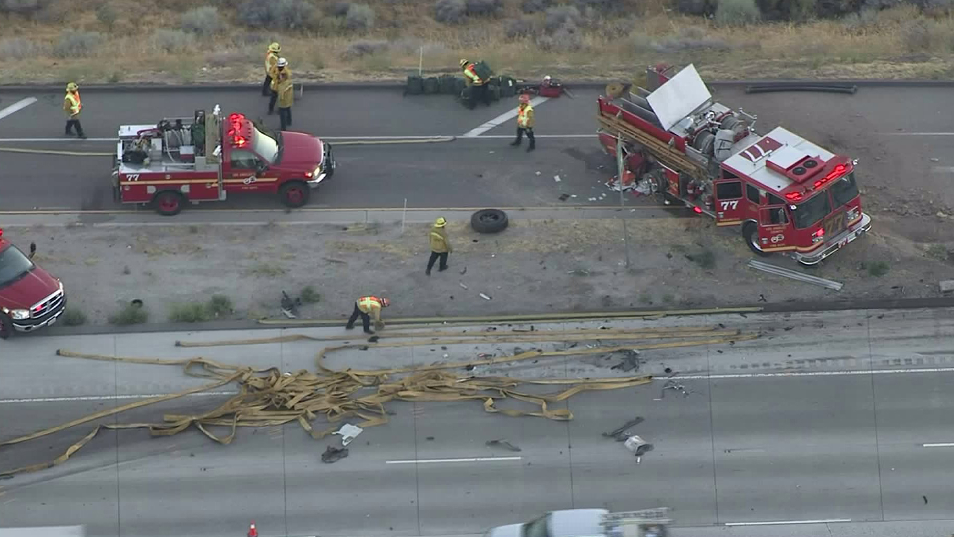 The fire engine involved in a collision along the 5 Freeway on July 25, 2017 can been seen in this image. (Credit: KTLA)