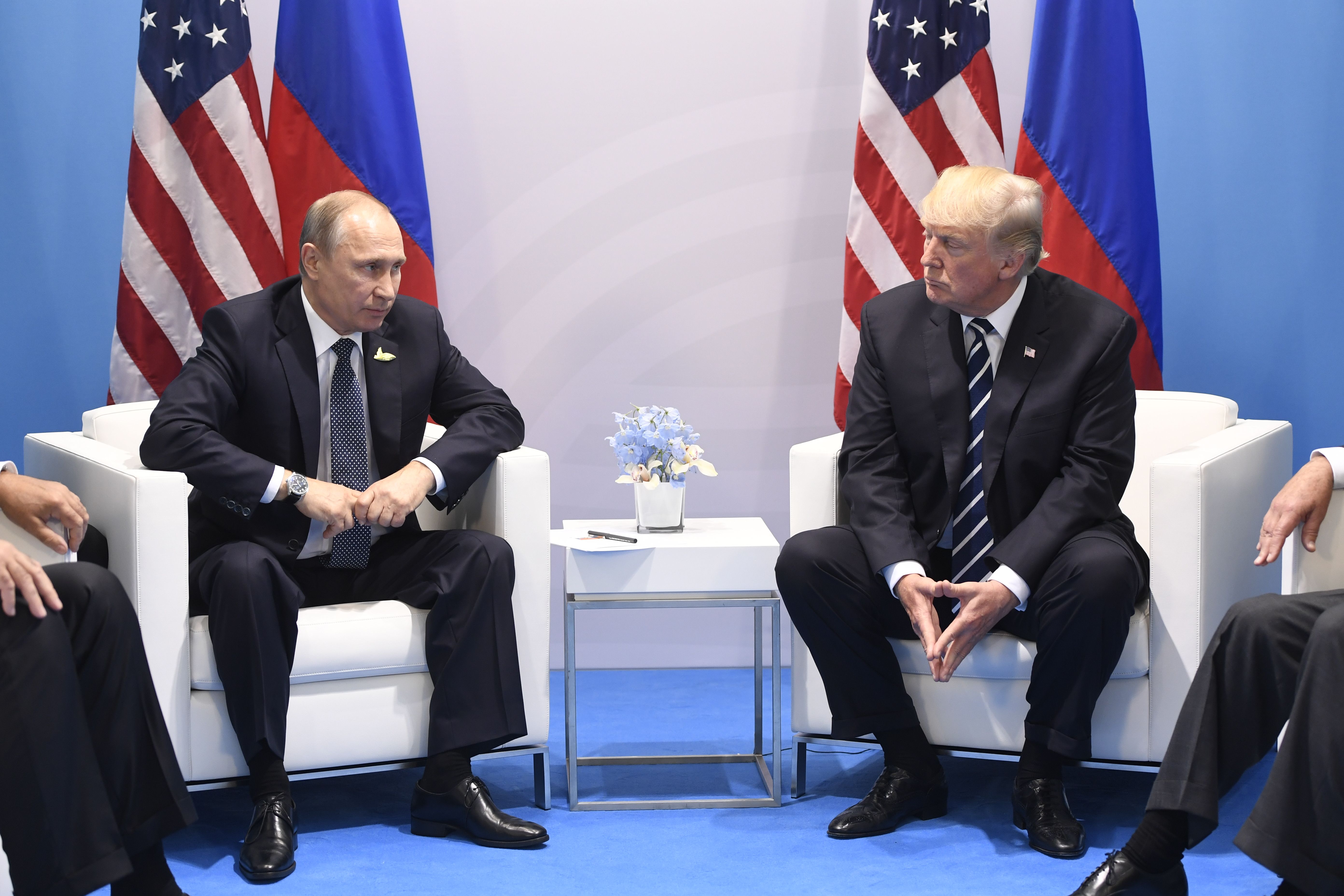 President Donald Trump and Russia's President Vladimir Putin hold a meeting on the sidelines of the G20 Summit in Hamburg, Germany, on July 7, 2017. (Credit: SAUL LOEB/AFP/Getty Images)