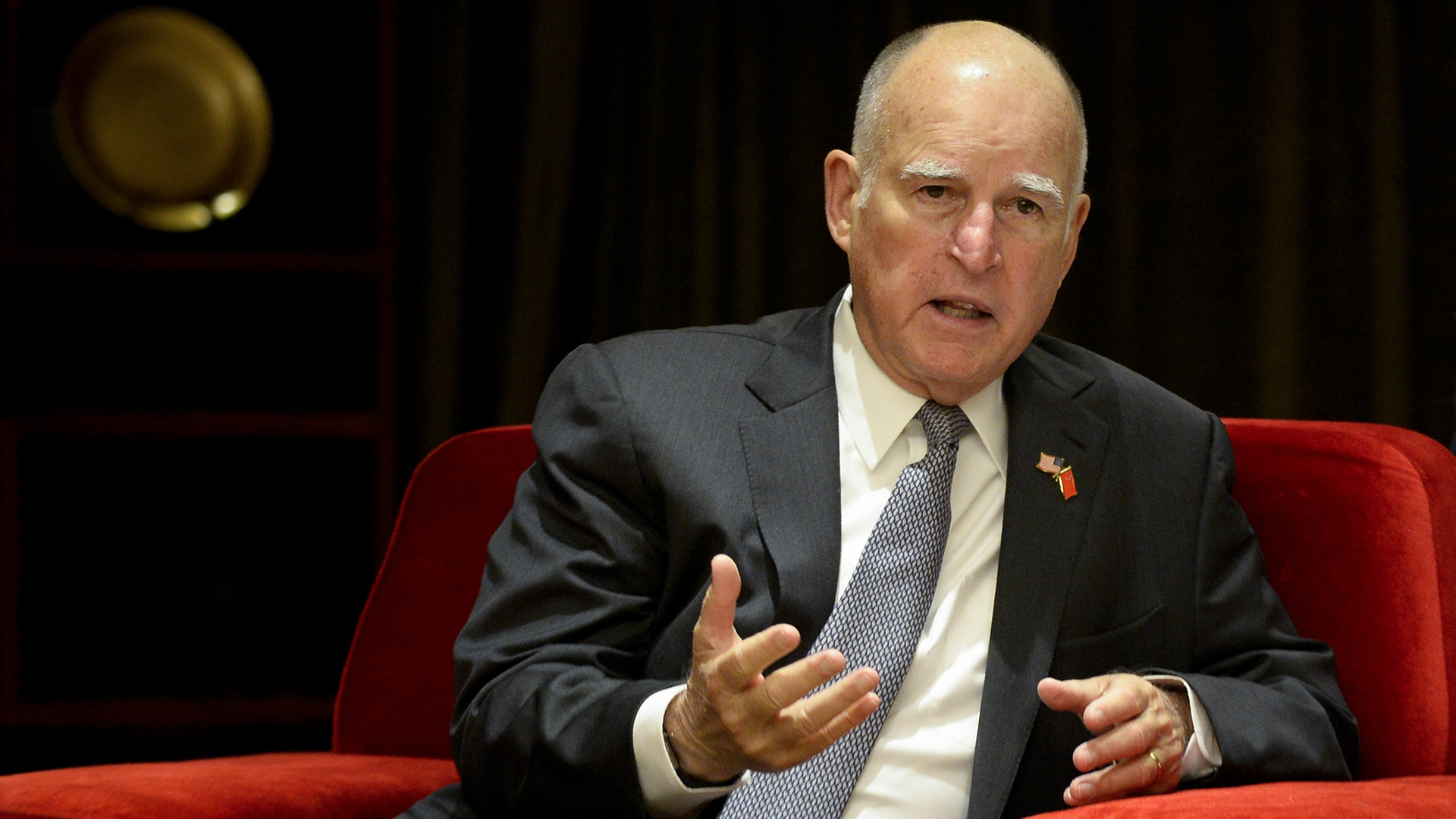 California Governor Jerry Brown speaks during a meeting ahead of the Clean Energy Ministerial international forum in Beijing on June 6, 2017. (Credit: Wang Zhao / AFP / Getty Images)