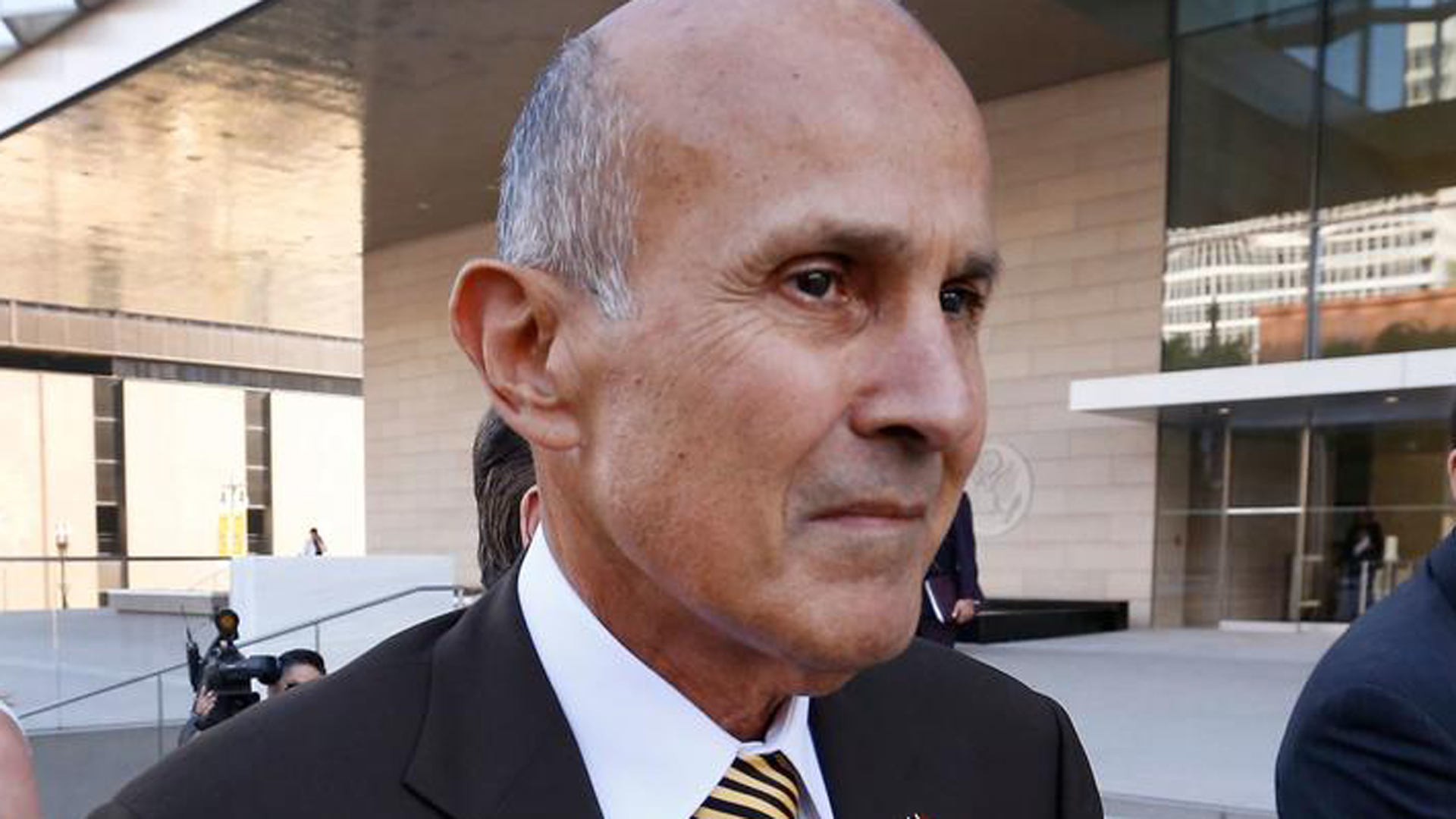 Ex-Los Angeles County Sheriff Lee Baca is seen outside the L.A. federal courthouse after he was convicted of obstruction of justice and other charges. A judge denied Baca's request to be free on bond while he appeals his conviction. (Al Seib / Los Angeles Times)