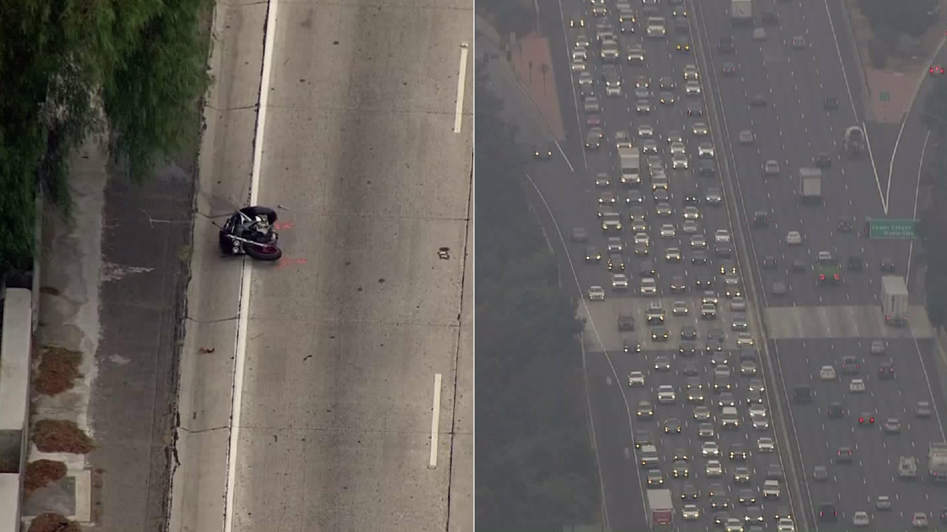 A motorcyclist was killed in a crash on the 134 Freeway in Toluca Lake on Aug. 14, 2017. (Credit: KTLA)