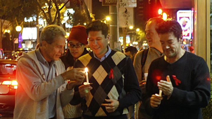 Democratic donor Ed Buck, left, Hernan Molina and West Hollywood Councilman John Duran are seen in West Hollywood in 2010. (Credit: Lawrence K. Ho / Los Angeles Times)