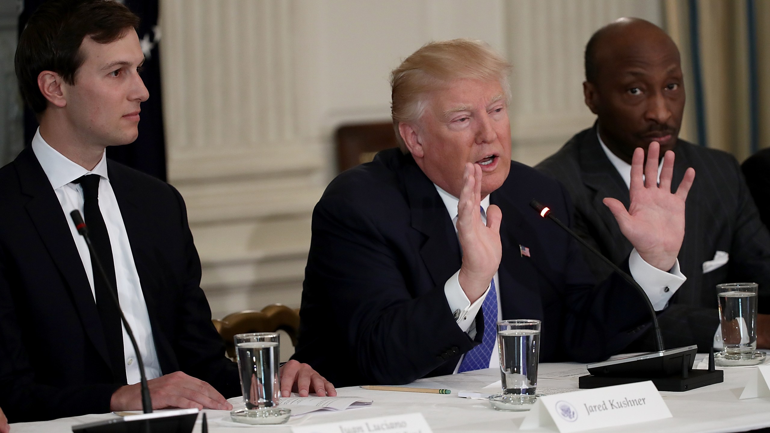 President Donald Trump speaks during the opening of a listening session with manufacturing CEOs at the White House Feb.y 23, 2017. Also pictured are Kenneth Frazier, right, CEO of Merck & Co. and Jared Kushner, left, senior advisor to the president. (Credit: Win McNamee/Getty Images)