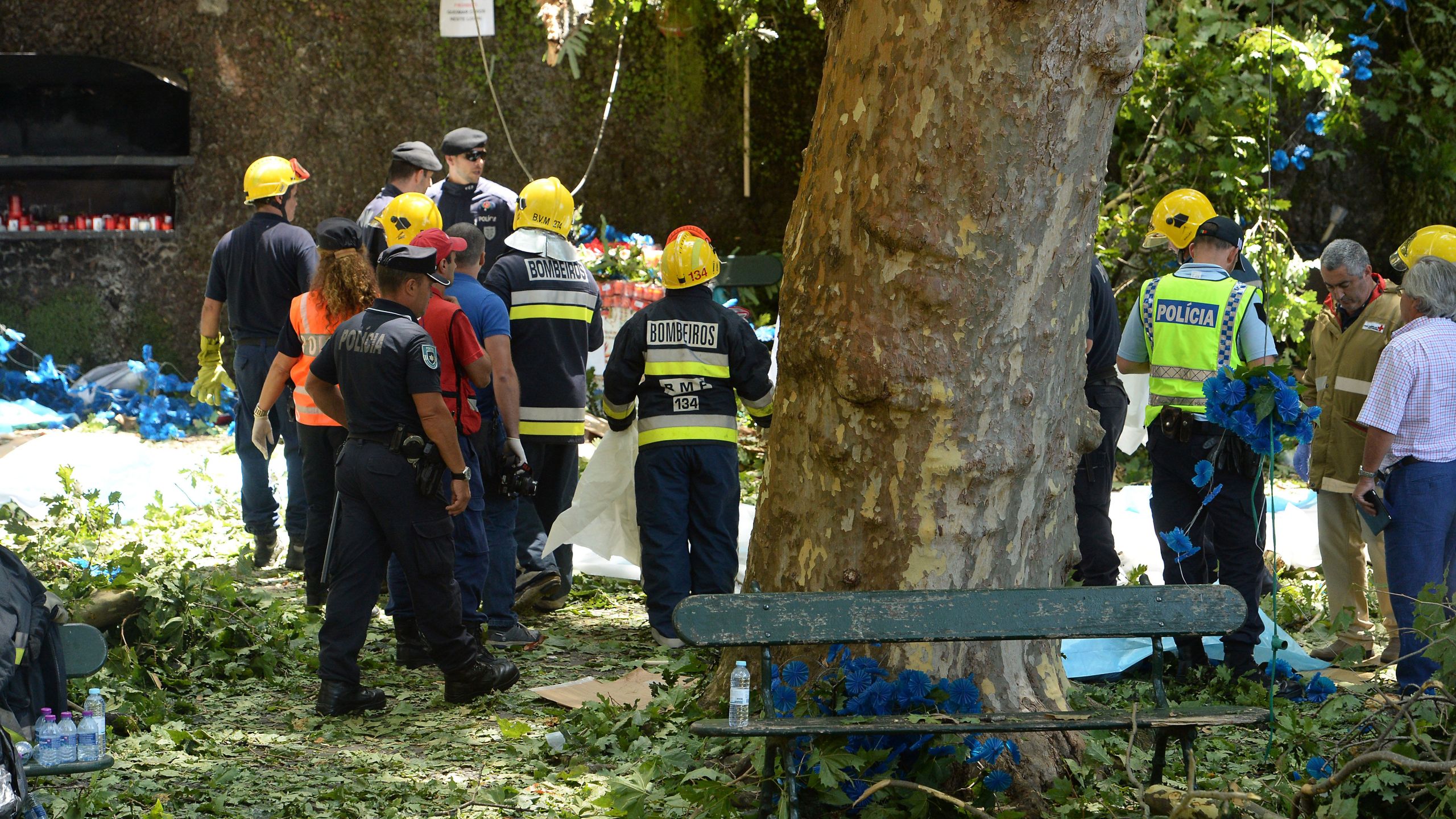 Firefighters work at the area affected by a tree fall that killed several people in Funchal on August 15, 2017. (Credit: HELDER SANTOS/AFP/Getty Images)