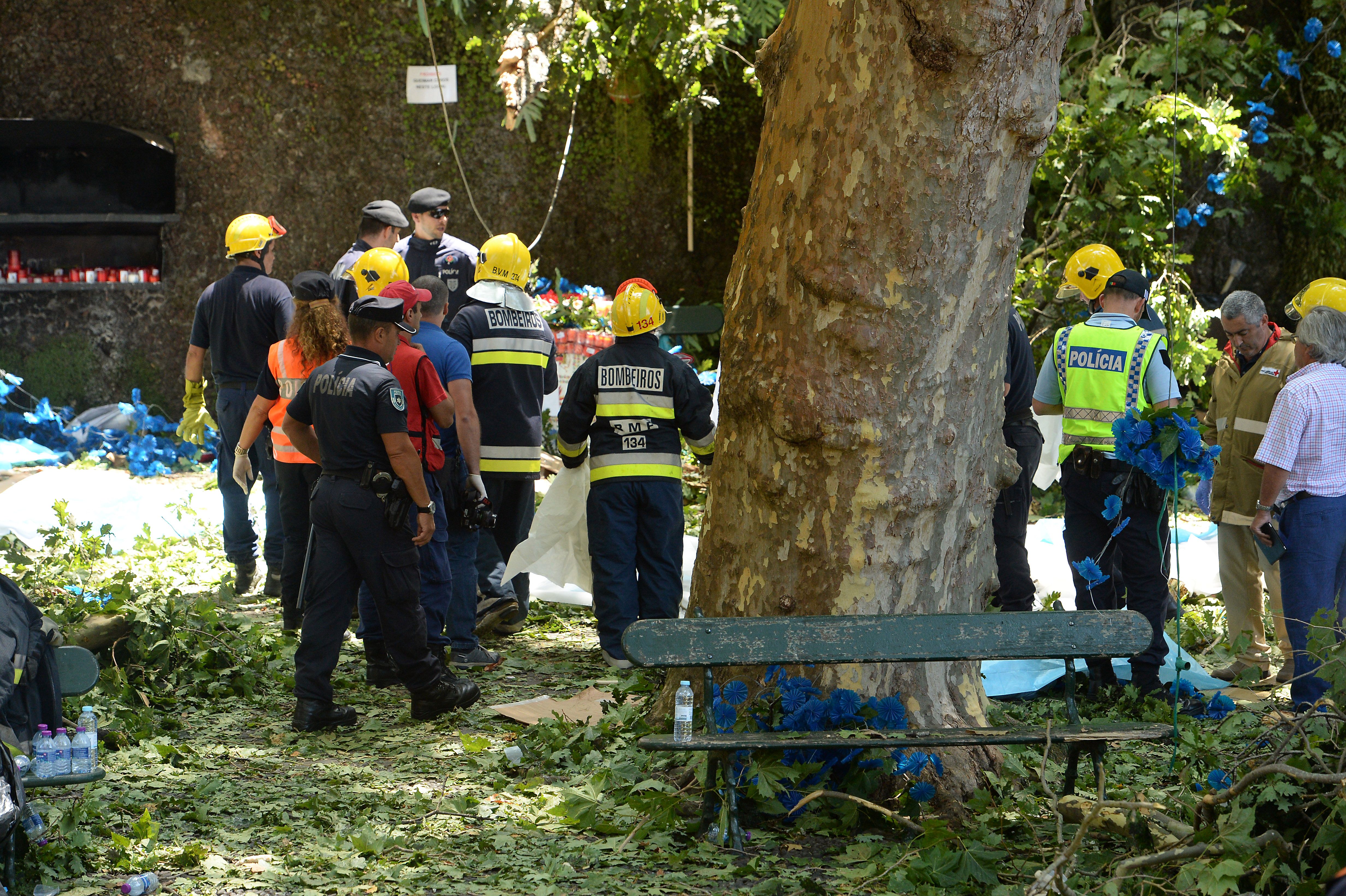 Firefighters work at the area affected by a tree fall that killed several people in Funchal on August 15, 2017. (Credit: HELDER SANTOS/AFP/Getty Images)