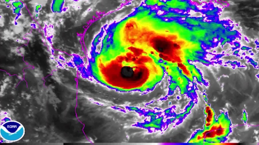 Category 2 Hurricane Harvey is seen spinning off the coast of Texas on Aug. 25, 2017. (Credit: NOAA)