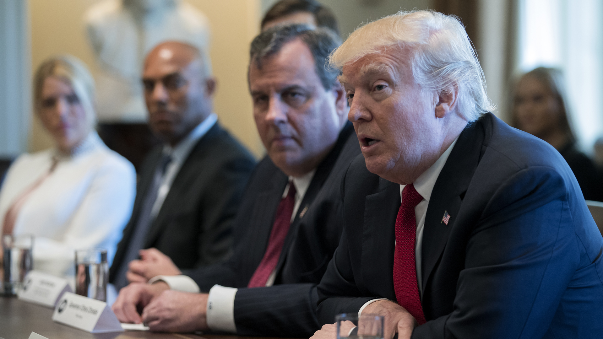 President Donald Trump speaks at a panel on opioid and drug abuse on March 29 in Washington D.C. alongside New Jersey Gov. Chris Christie, who Trump named chair of the the Commission on Combatting Drug Addiction and the Opioid Crisis. (Credit: Shawn Thew/Pool/Getty Images)