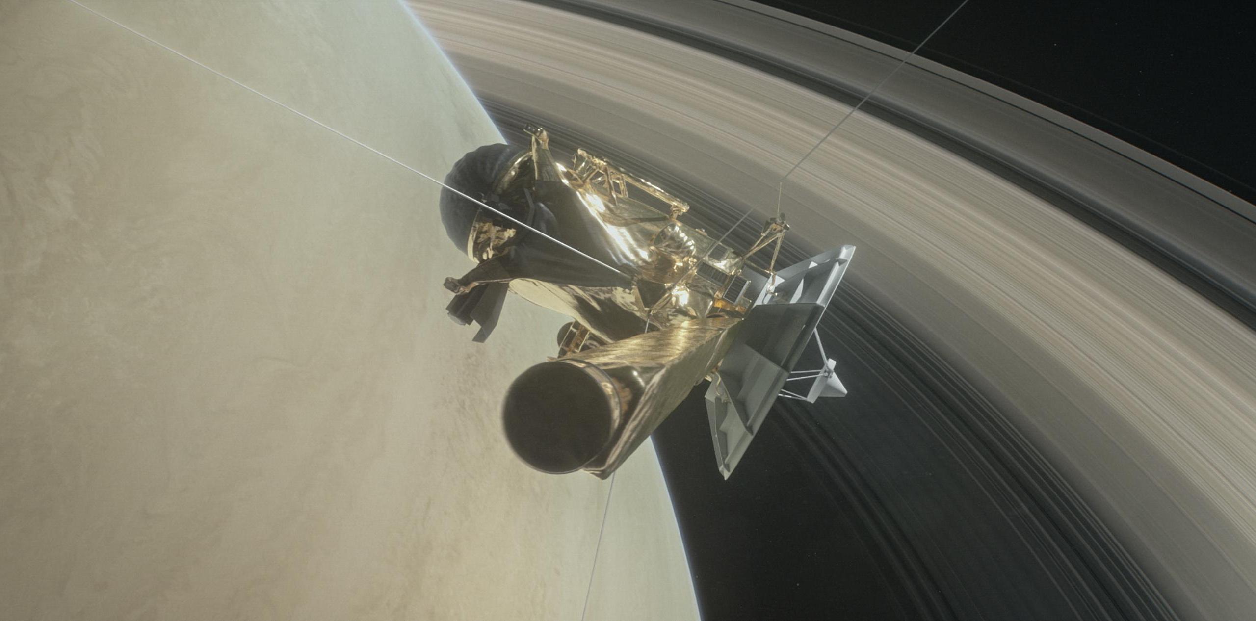 This illustration shows NASA's Cassini spacecraft about to make one of its dives between Saturn and its innermost rings as part of the mission's grand finale. (Credit: NASA)