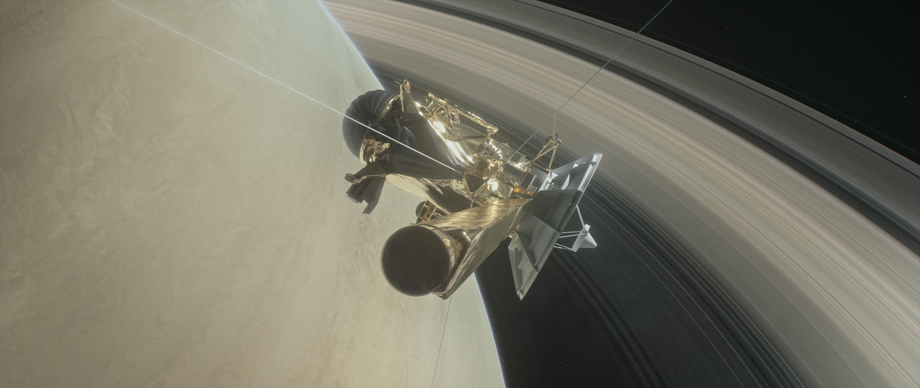 This illustration shows NASA's Cassini spacecraft about to make one of its dives between Saturn and its innermost rings as part of the mission's grand finale. (Credit: NASA)