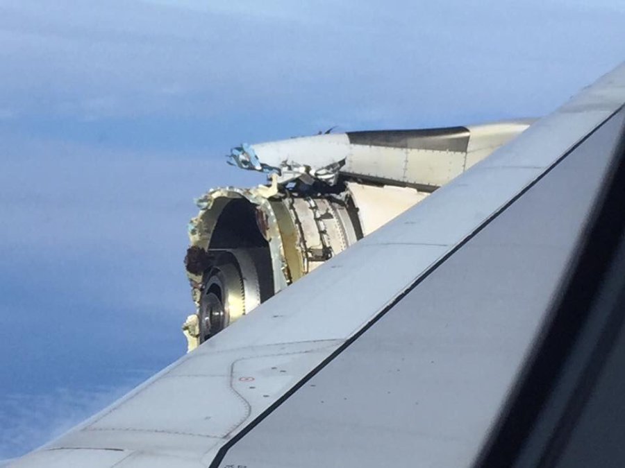 A damaged engine on an Air France Flight is shown in a photo posted on Twitter on Sept. 30, 2017.