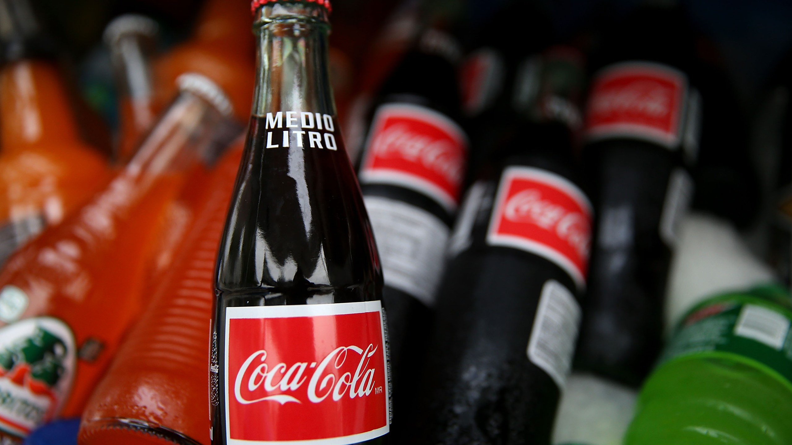 Bottles of soda are displayed in a cooler in a food truck on June 10, 2015, in San Francisco. (Credit: Justin Sullivan/Getty Images)