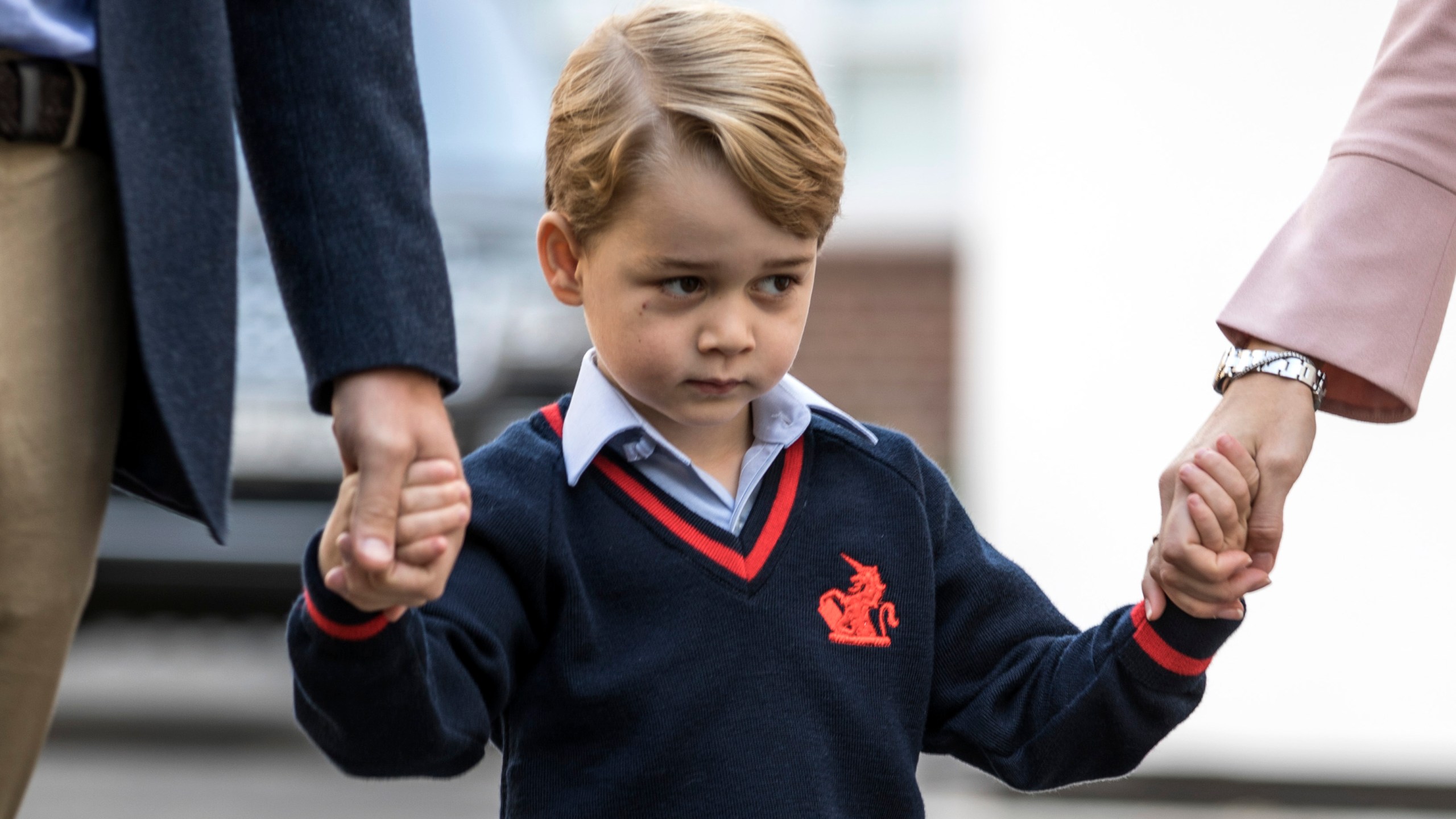 Prince George of Cambridge arrives for his first day of school at Thomas's Battersea on September 7, 2017 in London, England. (Credit: Richard Pohle - WPA Pool/Getty Images)