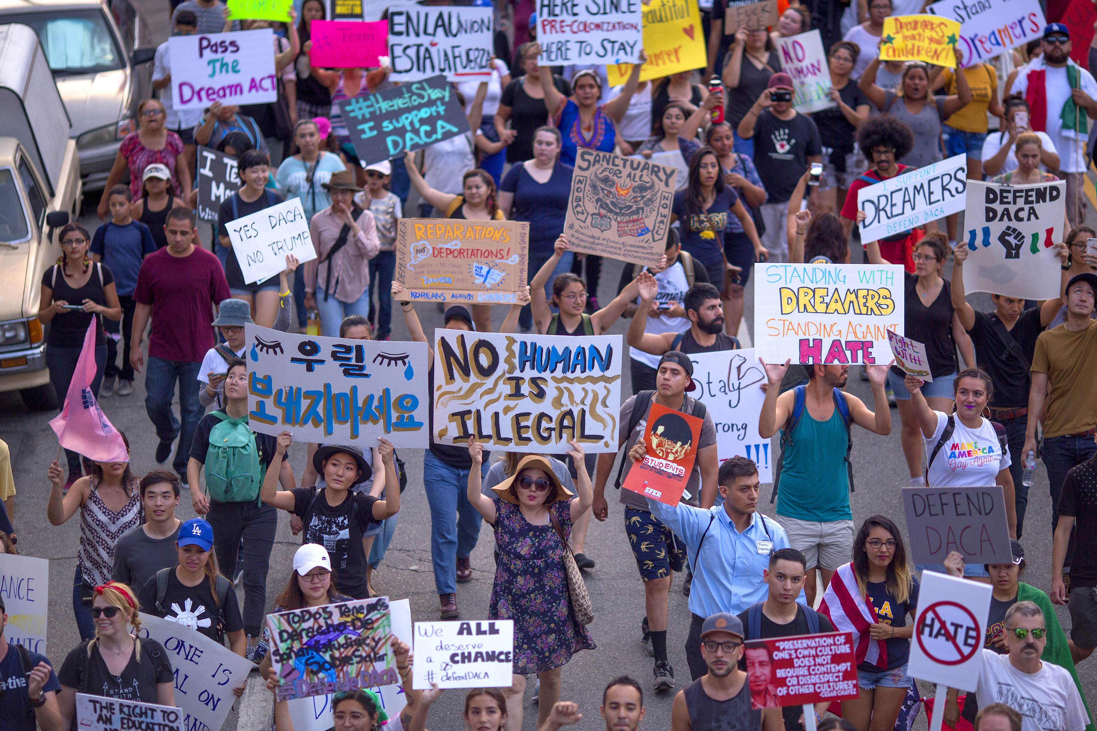 Thousands of immigrants and supporters join the Defend DACA March to oppose the President Trump order to end the program on September 10, 2017 in Los Angeles. (Credit: David McNew/Getty Images)