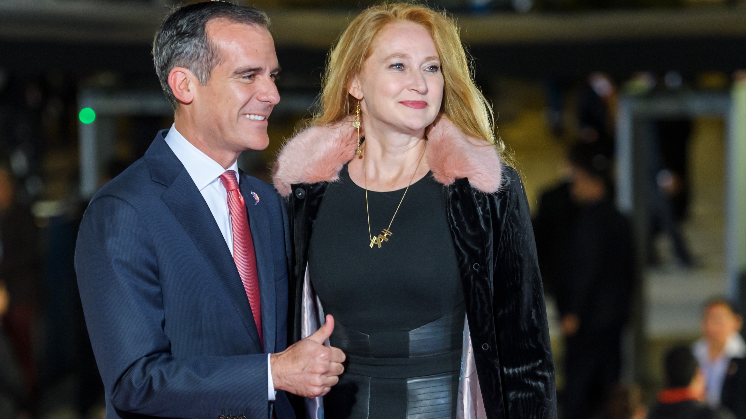 Los Angeles Mayor Eric Garcetti and his wife, Amy Elaine Wakeland, arrive at the opening ceremony of the 131st International Olympic Committee Session on September 12, 2017, in Lima, Peru. (Fabrice Coffrini/AFP/Getty Images)