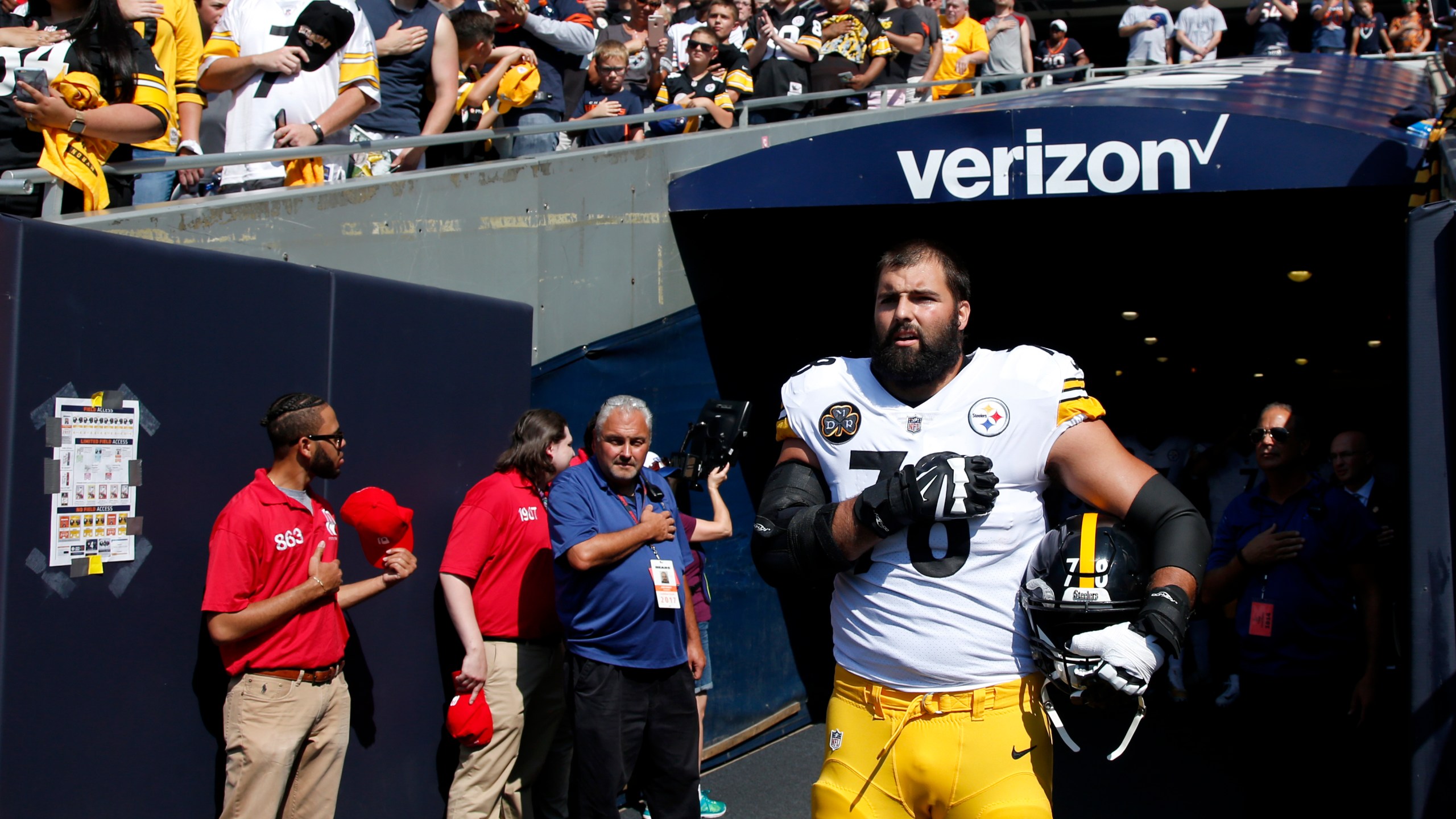 Alejandro Villanueva of the Pittsburgh Steelers stands by himself in the tunnel for the national anthem prior to the game against the Chicago Bears at Soldier Field on Sept. 24, 2017. (Credit: Joe Robbins/Getty Images)