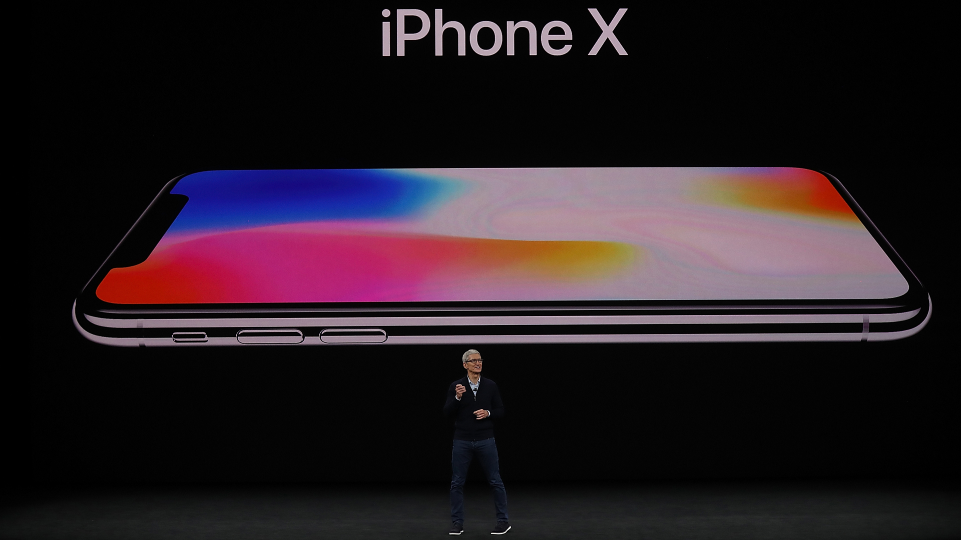 Apple CEO Tim Cook announces the new iPhone X during an Apple special event at the Steve Jobs Theatre on the Apple Park campus on Sept. 12, 2017 in Cupertino. (Credit: Justin Sullivan/Getty Images)