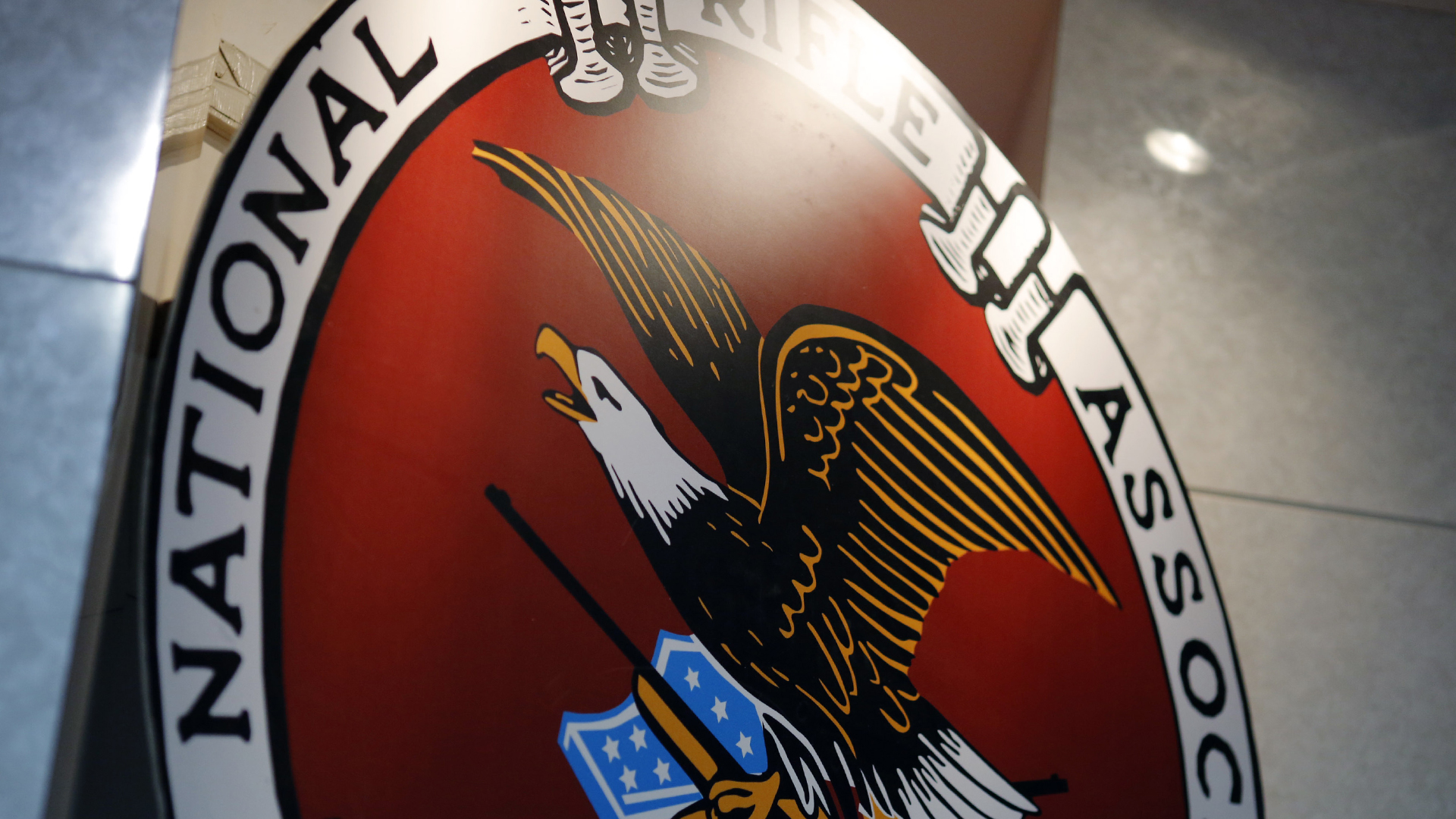 The logo of the National Rifle Association is seen at a trade show on Feb. 10, 2017, in Harrisburg, Pennsylvania. (Credit: Dominick Reuter/AFP/Getty Images)