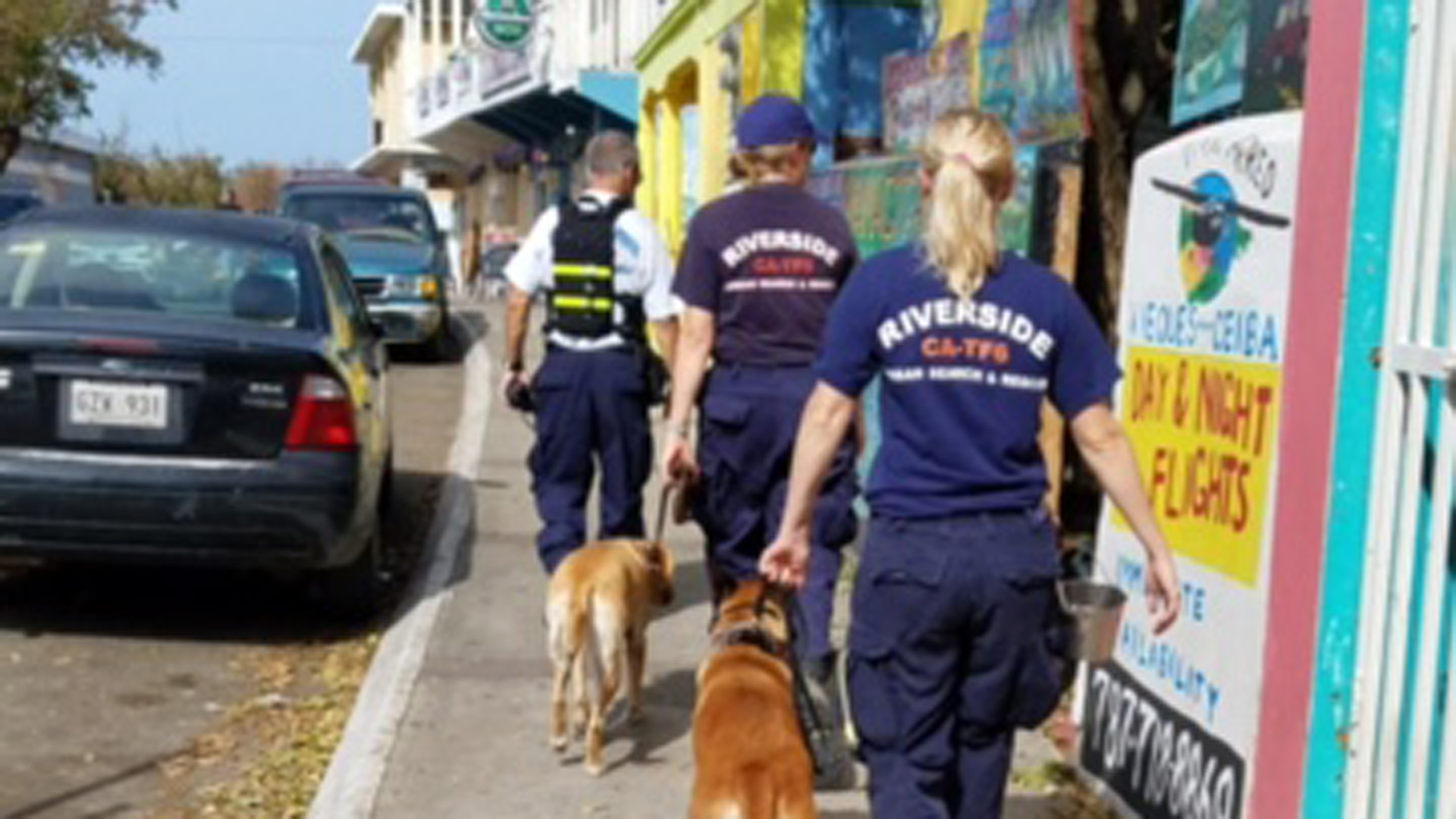 Riverside Fire K-9 search team is shown walking the streets in Puerto Rico after Hurricane Maria. (Credit: Riverside Fire Department)