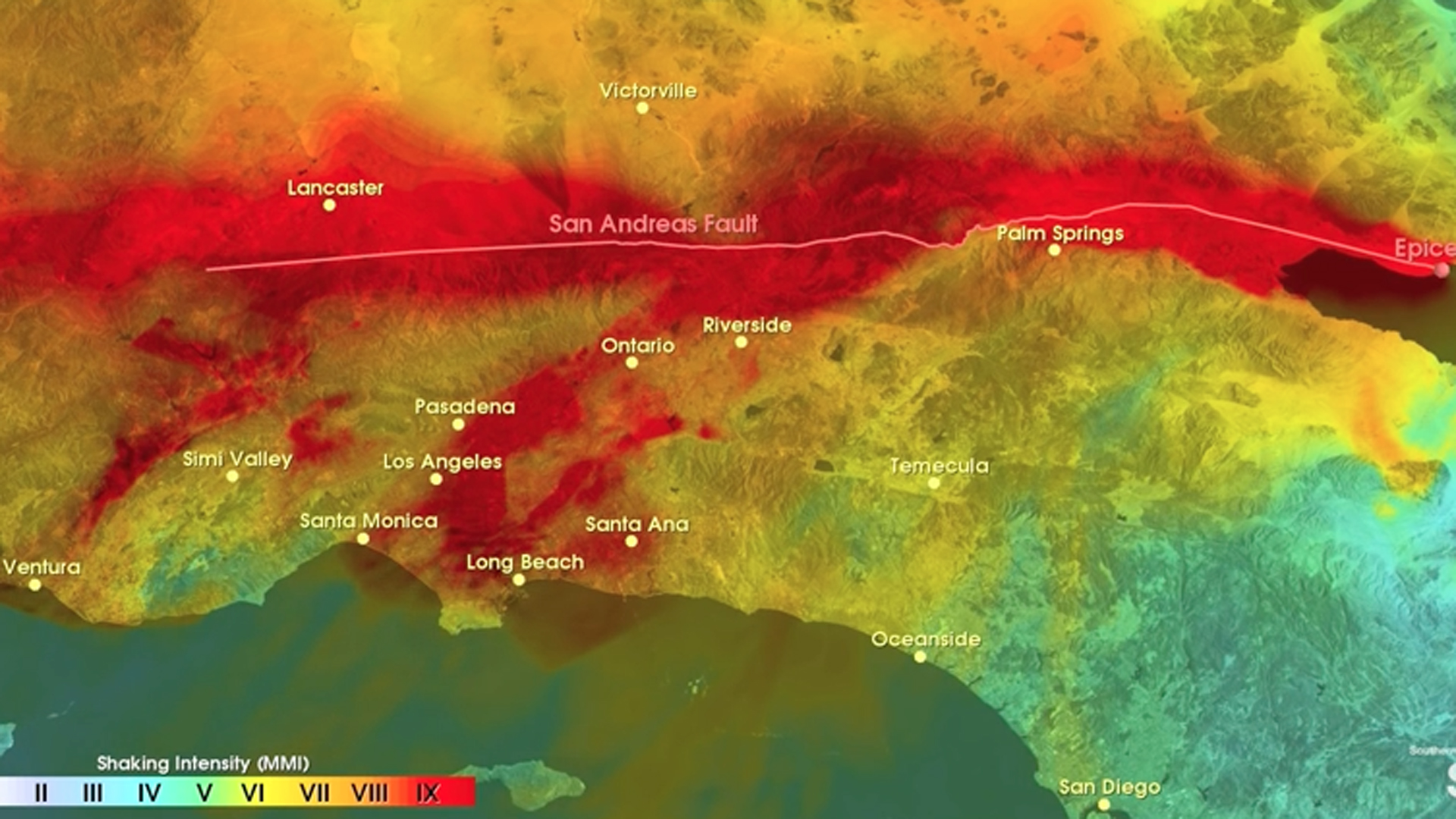 A screenshot from an video showing how intense shaking is directed from the San Andreas fault into the Los Angeles Basin. Areas of yellow indicate strong shaking; orange is "very strong" shaking and red is "violent" or "extreme" shaking, causing collapses. (Credit: U.S. Geological Survey / Southern California Earthquake Center)