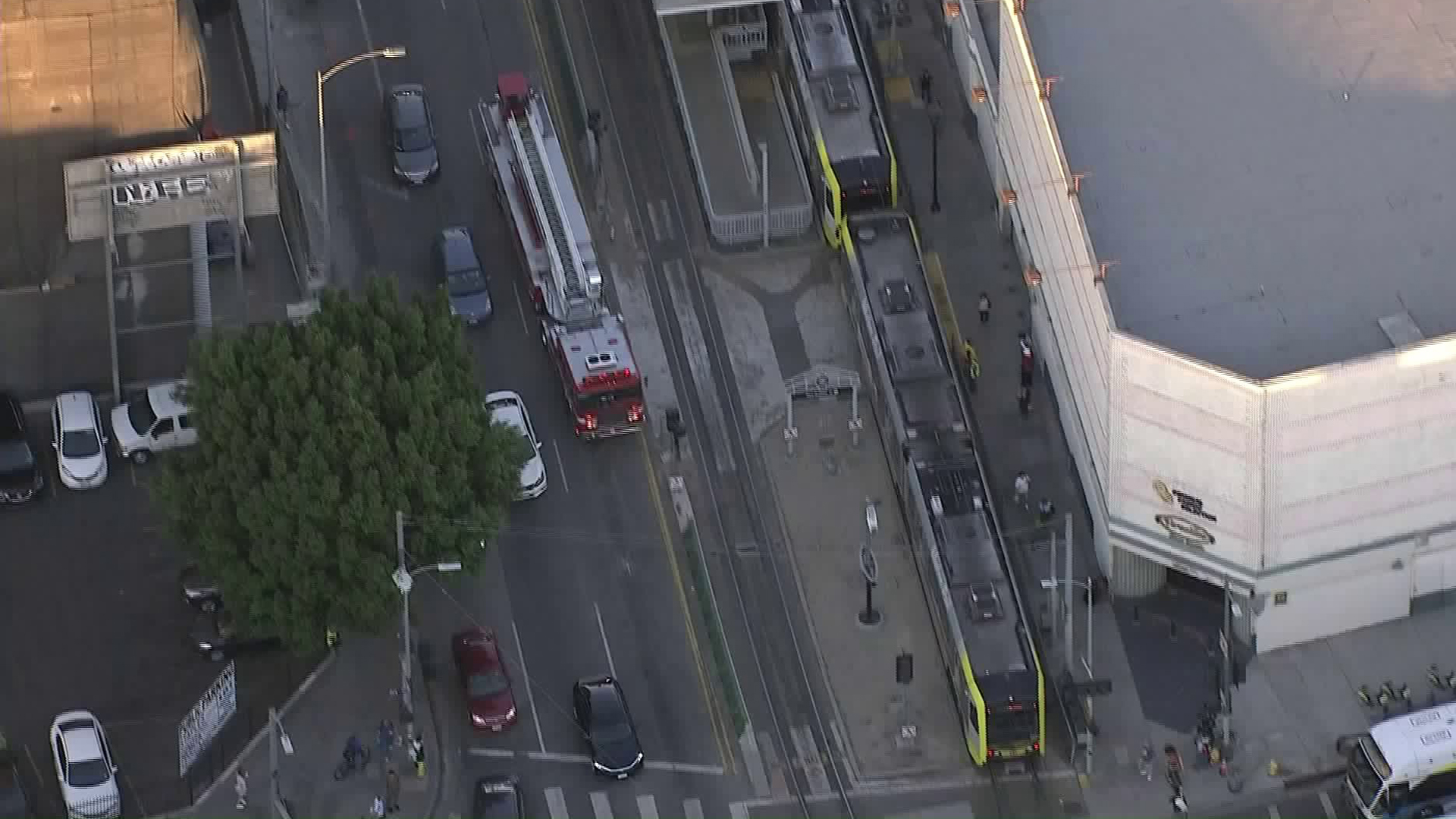 A fire truck responds to a crash involving a Blue Line train in downtown Los Angeles on Oct. 27, 2017. (Credit: KTLA)