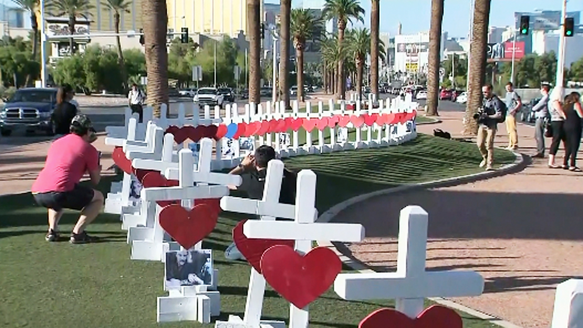 A tribute to the victims of a deadly mass shooting is seen on Las Vegas Boulevard. (Credit: KVVU via CNN)