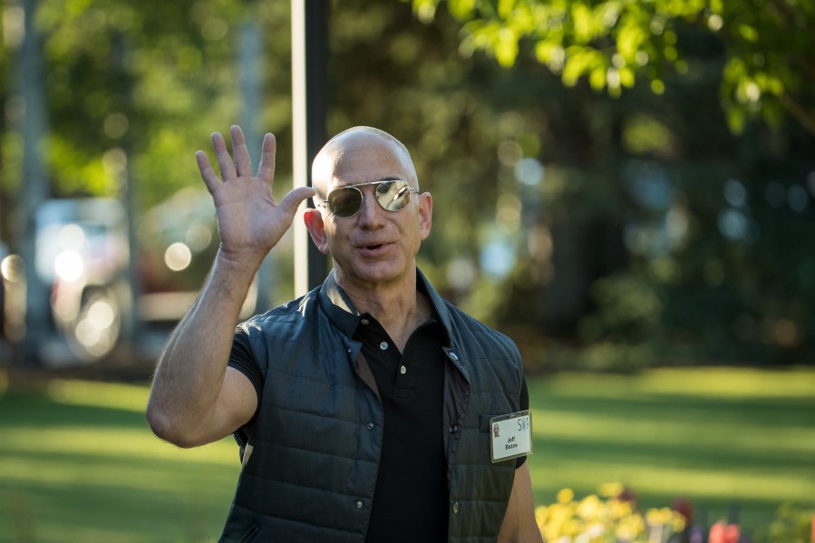 Jeff Bezos, CEO of Amazon, arrives for the third day of the annual Allen & Co. Sun Valley Conference, July 13, 2017, in Sun Valley, Idaho. (Credit: Drew Angerer/Getty Images)