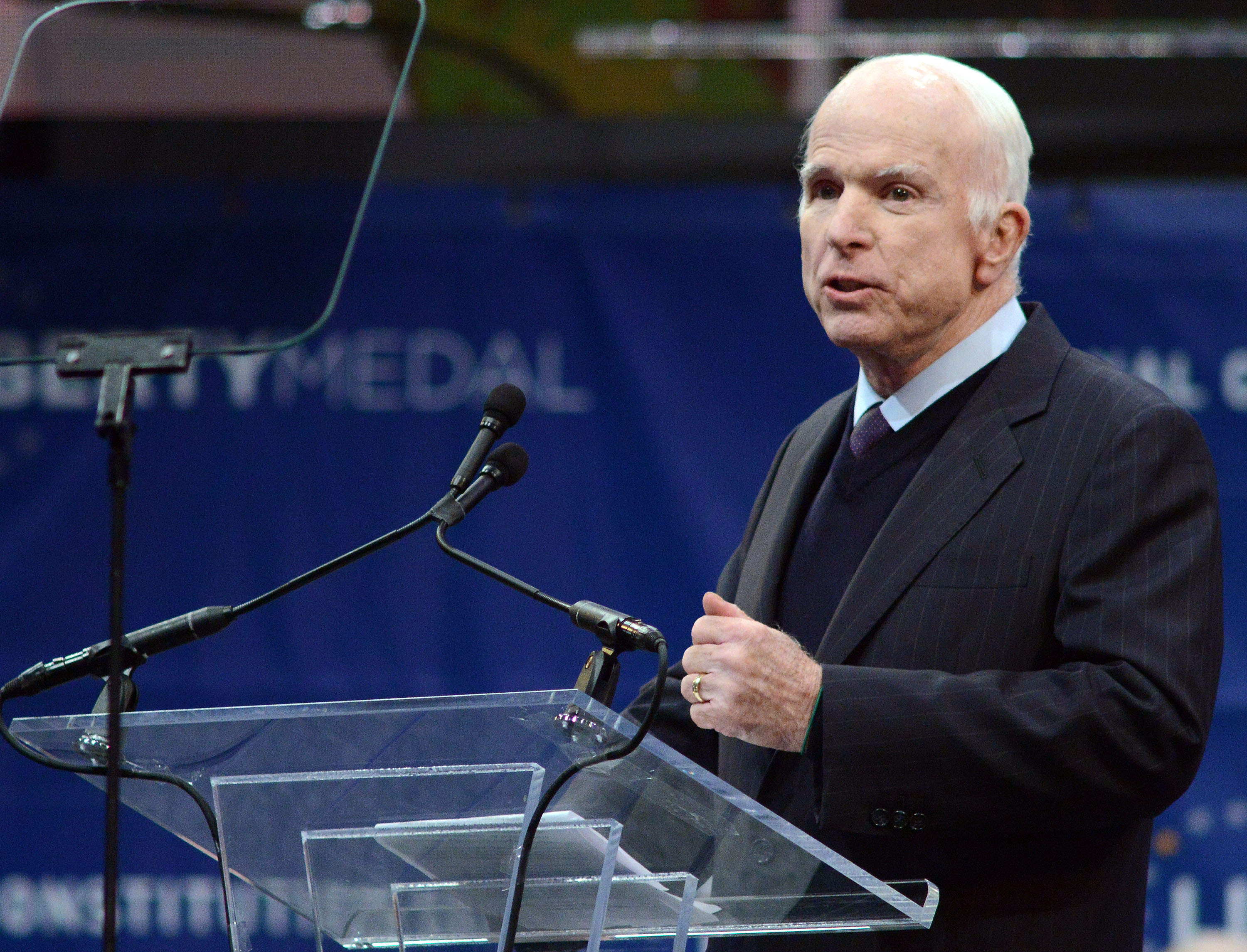 Sen. John McCain makes remarks after receiving the the 2017 Liberty Medal from former Vice President Joe Biden on October 16, 2017 in Philadelphia, Pennsylvania. (Credit: William Thomas Cain/Getty Images)