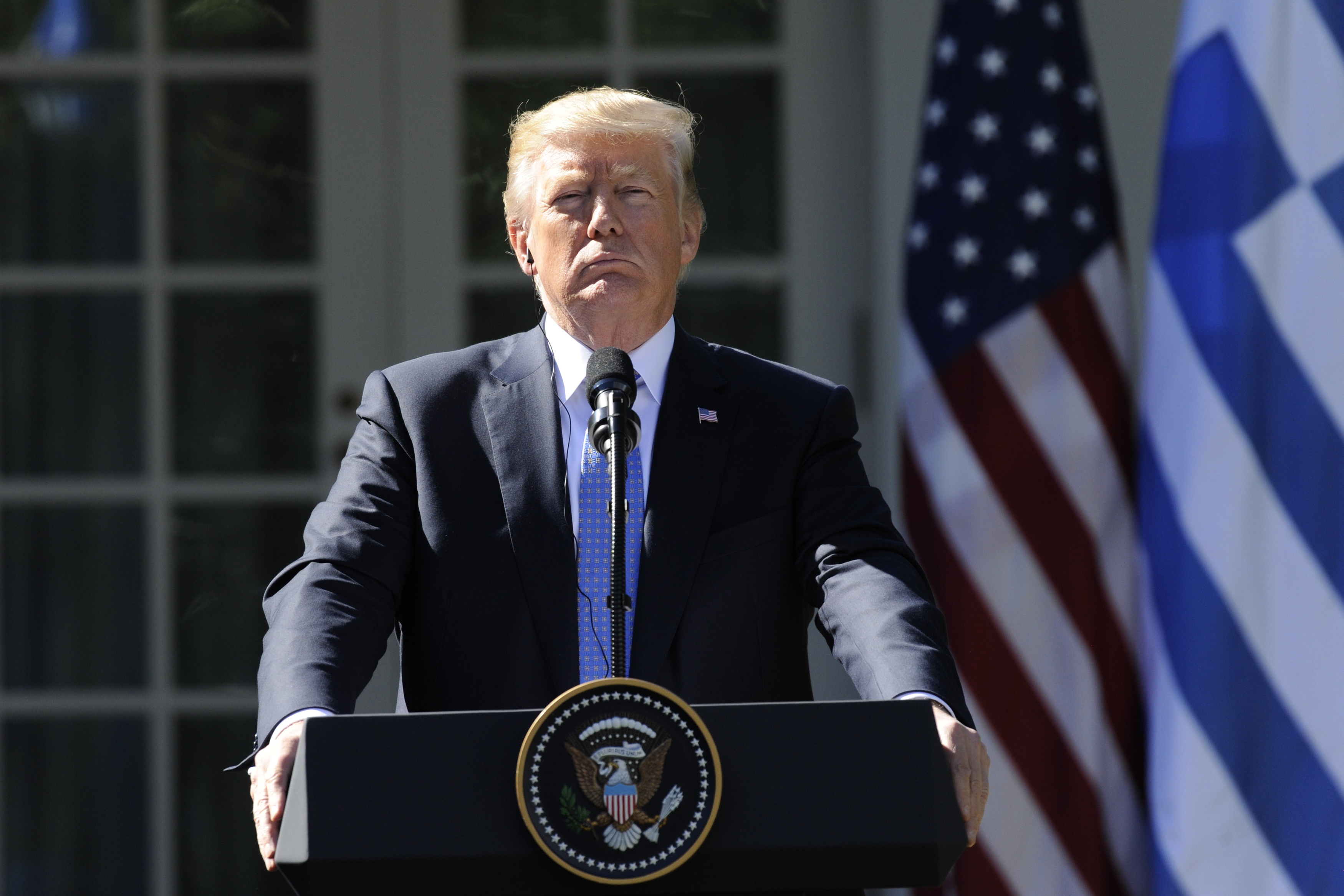 US President Donald Trump holds a joint press conference with Greek Prime Minister Alexis Tsipras in the Rose Garden at the White House in Washington, DC on October 17, 2017. (Credit: JASON CONNOLLY/AFP/Getty Images)