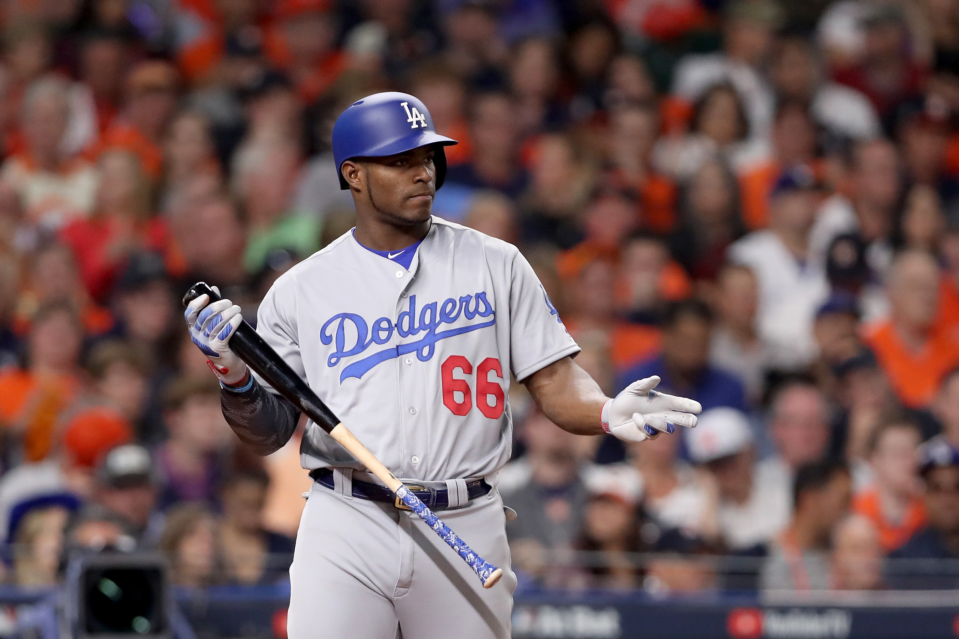 Yasiel Puig of the Los Angeles Dodgers prepares to bat against the Houston Astros in Game 5 of the 2017 World Series at Minute Maid Park on Oct. 29, 2017, in Houston, Texas. (Credit: Christian Petersen/Getty Images)