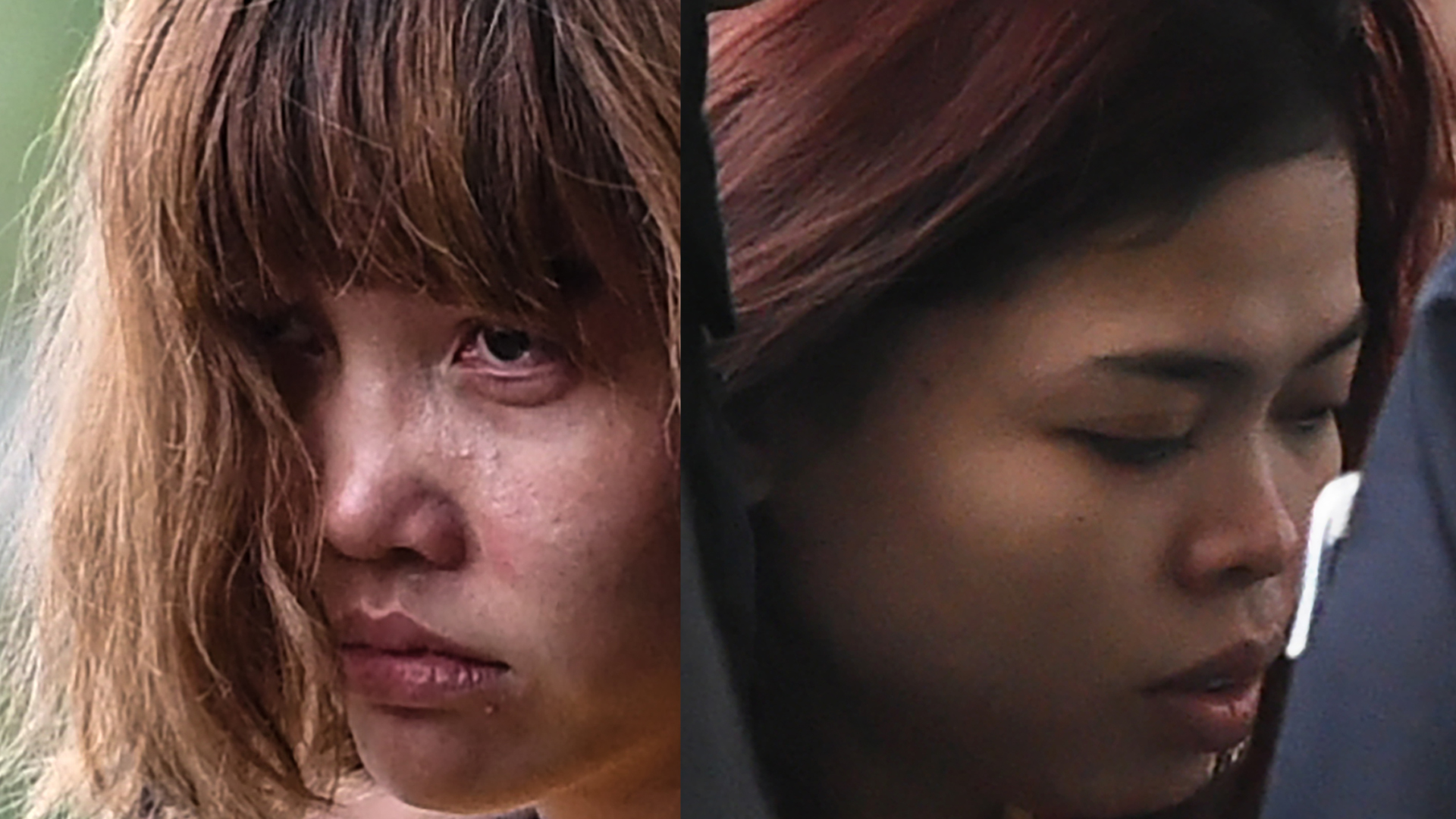 Doan Thi Huong, 28, (left) and Siti Aisyah, 25, are seen in separate photos being escorted by police for a court appearance in Sepang on March 1, 2017. (Credit: Mohd Rasfan/AFP/Getty Images)