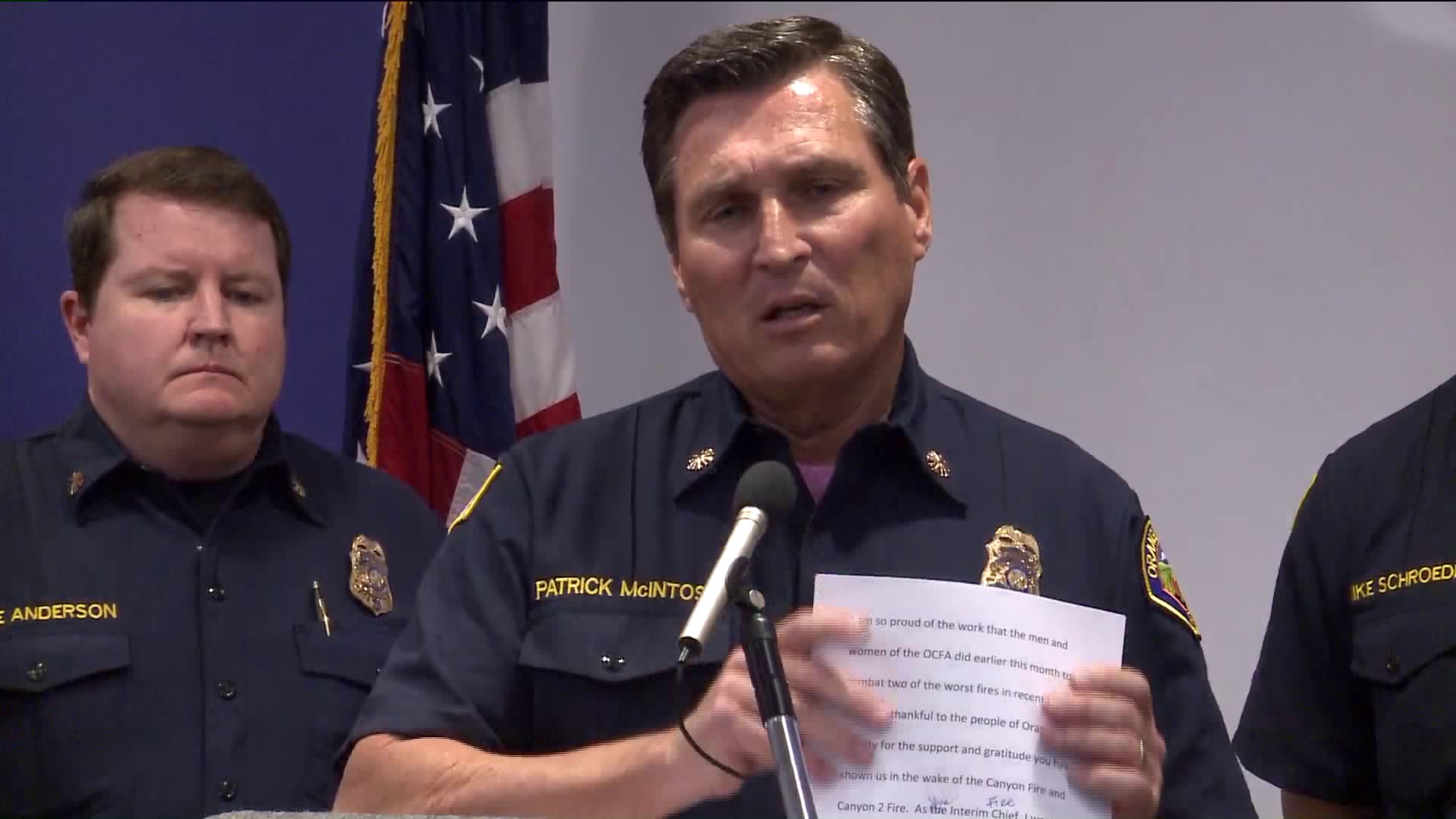 OCFA Fire Chief Patrick McIntosh is shown speaking during a press conference on Oct. 25, 2017. (Credit: KTLA)