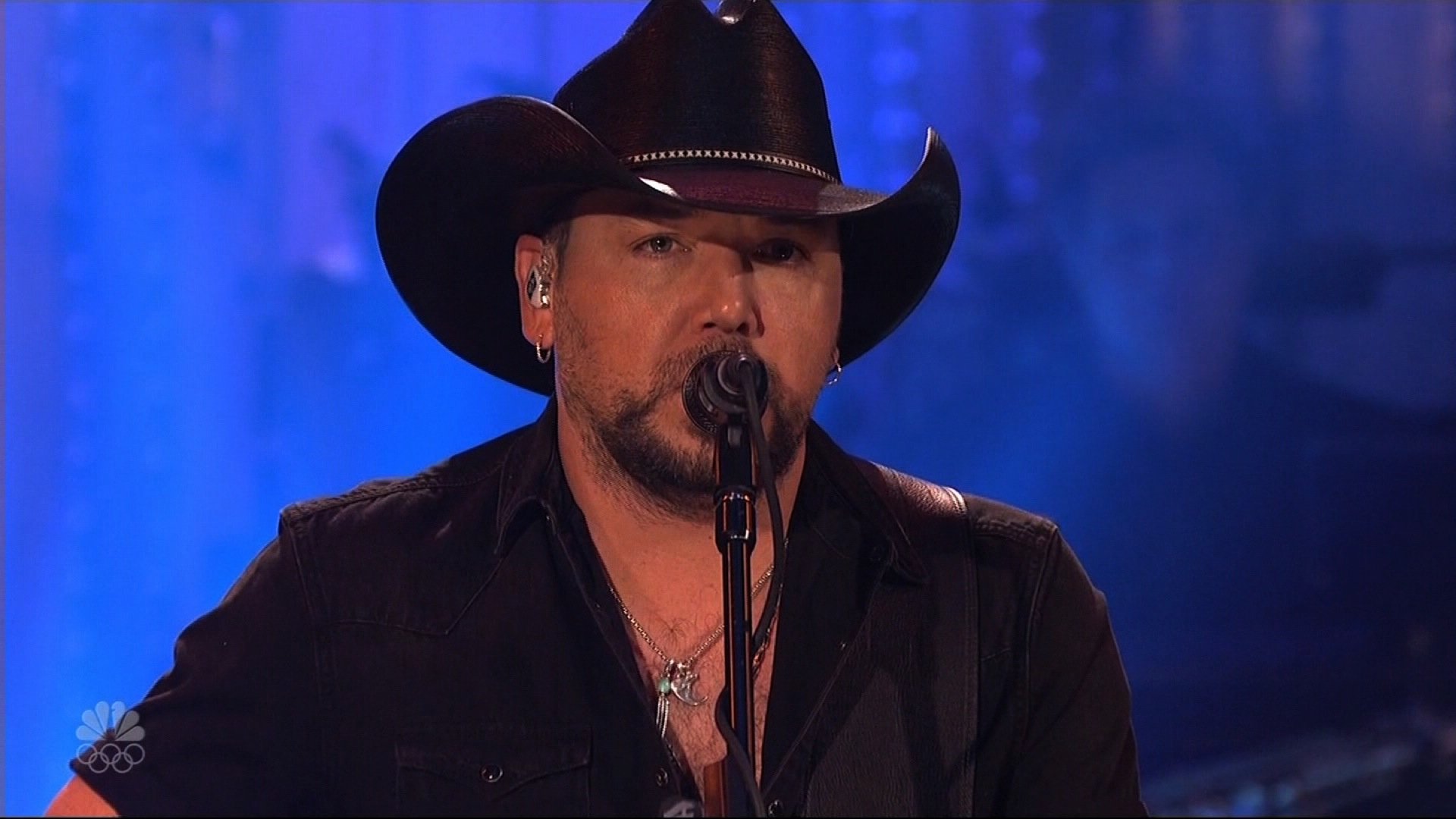 Jason Aldean opened his set for SNL with a tribute to the victims of the mass shooting in Las Vegas. He then performed Tom Petty's "I Won't Back Down" to honor the singer who died Oct. 2, 2017. (Credit: NBC via CNN)