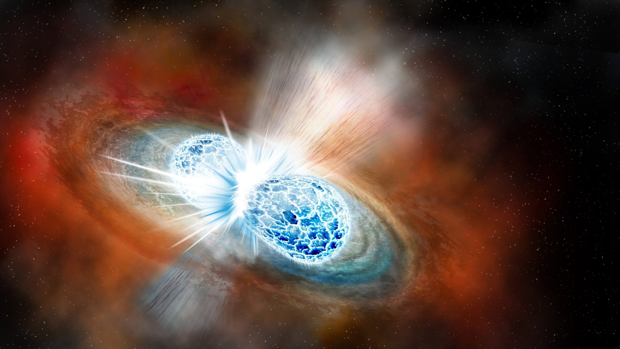 An artist's representation shows two neutron stars colliding, which astronomers witnessed for the first time on Aug. 17, 2017. (Credit: Collaboration/UC Santa Cruz/Carnegie Observatories)