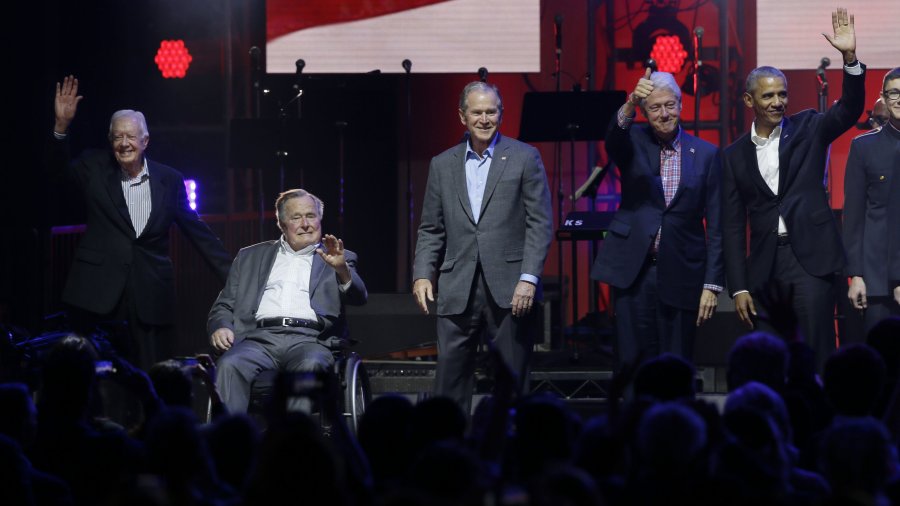 All five living former U.S. Presidents appeared at a Texas concert raising money for hurricane relief efforts. Left to right are Jimmy Carter, George H.W. Bush, George W. Bush, Bill Clinton and Barack Obama. (Credit: CNN)