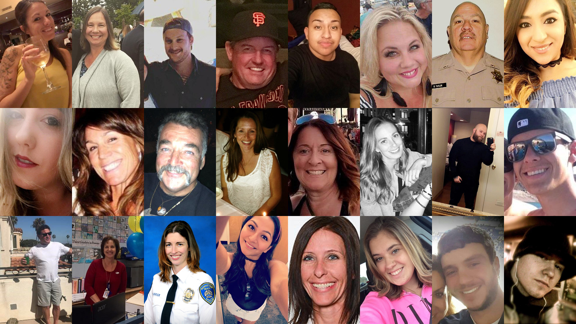 These are the images of 24 of the 58 victims of the Las Vegas mass shooting. Top: Hannah Ahlers, Lisa Patterson, Jordan McIldoon, Kurt von Tillow, Erick Silva, Heather Warino Alvarado, Derrick Taylor and Melissa Ramirez. Middle: Calla Medig, Stacee Etcheber, John Phippin, Candice Bower, Denise Salmon Burditus, Tara Roe, Christopher Roybal and Quinton Robbins. Bottom: Jack Beaton, Susan Smith, Rachael Parker, Angela "Angie" Gomez, Neysa Tonks, Bailey Schweitzer, Sonny Melton and Cameron Robinson.